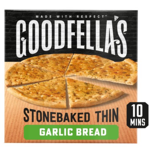 A Stonebaked Thin Pizza Base Topped with Garlic Oil.<br/><br/><b>Further Description</b><br/>For a Sustainable Tomorrow<br/>
Making a difference with responsibly sourced and prepared food every day<br/>
goodfellaspizzas.com/our-sustainable-path<br/><br/><b>Features</b><br/>Baked on Italian stone for crispy base<br/>Suitable for Vegetarians<br/><br/><b>Lifestyle</b><br/>Suitable for Vegetarians<br/><br/><b>Pack Size</b><br/>218g ℮<br/><br/><b>Usage Other Text</b><br/>This pack contains 4 servings<br/><br/><b>Usage Count</b><br/>Number of uses - Servings - 4<br/><br/><b>Recycling Info</b><br/>Carton - Recycle<br/>Film - Don't Recycle<br/><br/><br/><b>Ingredients</b><br/><span style='font-weight: bold;'>WHEAT</span> Flour<br/>Garlic Oil (23%) (Rapeseed Oil, Garlic Purée, Palm Oil, Salt, Parsley)<br/>Water<br/>Rapeseed Oil<br/>Yeast<br/>Salt<br/>Sugar<br/><br/><b>Allergy Advice</b><br/>For allergens see ingredients in <span style='font-weight: bold;'>BOLD</span>.<br/><br/><br/><b>Allergy Text</b><br/>May contain <span style='font-weight: bold;'>MILK</span>.<br/><br/><br/><b>Storage Type</b><br/>Frozen<br/><br/><b>Storage and Usage Statements</b><br/>Keep Frozen<br/>Ready to Eat<br/><br/><b>Storage</b><br/>Keep frozen<br/>
Store frozen at -18°C or cooler. Do not refreeze after defrosting.<br/>
See top of pack for best before end date.<br/><br/><b>Storage Conditions</b><br/>Max Temp °C -18<br/><br/><b>Cooking Guidelines</b><br/>Oven cook - From Frozen - 1 For best results, cook from frozen.Preheat conventional oven to 190°C/ gas mark 5, or 180°C for fan oven.<br/>
Appliances vary, these instructions are a guide only.<br/>
2 Remove all of the packaging and place the outer carton in recycling. Place a baking tray on the bottom of the oven.<br/>
3 Cook directly on top oven shelf, bake until golden for 10-13 minutes*. Allow pizza to cool slightly before eating, toppings can be very hot!<br/>
Ready to Eat in 10 Mins*<br/><br/><b>Company Name</b><br/>Birds Eye Ltd. / Birds Eye Ireland Ltd.<br/><br/><b>Company Address</b><br/>Birds Eye Ltd.,<br/>
Freepost ADM3939,<br/>
London,<br/>
SW1A 1YS.<br/>
<br/>
Birds Eye Ireland Ltd.,<br/>
Monread Road,<br/>
Naas,<br/>
Co. Kildare,<br/>
W91 HE67,<br/>
Ireland.<br/><br/><b>Telephone Helpline</b><br/>UK: 0800 33 22 77<br/>ROI: 1800 817 358<br/><br/><b>Web Address</b><br/>www.Goodfellaspizzas.com<br/><br/><b>Return To</b><br/>We really want to know if you enjoyed your pizza.<br/>
Write, email, call or find us on social, we'd love to hear from you:<br/>
Birds Eye Ltd.,<br/>
Freepost ADM3939,<br/>
London,<br/>
SW1A 1YS.<br/>
<br/>
Birds Eye Ireland Ltd.,<br/>
Monread Road,<br/>
Naas,<br/>
Co. Kildare,<br/>
W91 HE67,<br/>
Ireland.<br/>
Customer Care Number:<br/>
UK: 0800 33 22 77<br/>
ROI: Callsave 1800 817 358<br/>
customerrelations@birdseye.co.uk<br/>
www.Goodfellaspizzas.com<br/>