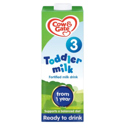 Fortified milk drink from 1 year.<br/><br/><b>Further Description</b><br/>We are taking small steps (and some bigger ones) to help reduce our impact and protect the planet for the future of our little ones.<br/>
<br/>
For information on Halal, visit our website.<br/><br/><b>Nutritional Claims</b><br/>Source of vitamins A, C & D<br/><br/><b>Features</b><br/>Trusted for over 100 years<br/>Fortified milk drink<br/>Iron, calcium, vit. B₁₂<br/>Source of vitamins A, C & D<br/>Supports a balanced diet<br/>Ready to drink<br/>UHT sterilised<br/>No artificial preservatives<br/><br/><b>Pack Size</b><br/>1L ℮<br/><br/><br/><b>Ingredients</b><br/>Skimmed <span style='font-weight: bold;'>Milk</span><br/>Water<br/>Galacto-Oligosaccharides (GOS) (from <span style='font-weight: bold;'>Milk</span>)<br/>Lactose (from <span style='font-weight: bold;'>Milk</span>)<br/>Vegetable Oils (Rapeseed Oil, High Oleic Sunflower Oil, Sunflower Oil)<br/>Emulsifier (Mono- & Diglycerides of Fatty Acids)<br/>Fructo-Oligosaccharides (FOS)<br/>Calcium Citrate<br/>Calcium Phosphate<br/>Calcium Hydroxide<br/>Acidity Regulator (Citric Acid)<br/>Vitamin C<br/><span style='font-weight: bold;'>Milk</span> Flavouring<br/>Sodium Citrate<br/>Iron Lactate<br/>Magnesium Hydrogen Phosphate<br/>Pantothenic Acid<br/>Vitamin E<br/>Riboflavin<br/>Niacin<br/>Zinc Sulphate<br/>Vitamin A<br/>Vitamin B₆<br/>Thiamin<br/>Potassium Iodide<br/>Folic Acid<br/>Vitamin K₁<br/>Vitamin D₃<br/>Biotin<br/>Vitamin B₁₂<br/><br/><b>Allergy Advice</b><br/>For allergens, see ingredients in <span style='font-weight: bold;'>bold</span>.<br/><br/><br/><b>Lower Age Limit</b><br/>Advisory - Years - 1<br/><br/><b>Safety Warning</b><br/>Dental advice<br/>
Do not allow prolonged or frequent contact of milk feeds with your toddler's teeth as this increases the risk of tooth decay. Ask your healthcare professional or dentist for advice. Make sure your toddler's teeth are cleaned after the last feed at night.<br/><br/><b>Storage Type</b><br/>Ambient<br/><br/><b>Storage</b><br/>- Once opened, any unused milk in this 1L carton can be stored by replacing the cap, storing upright in a refrigerator and used within 72 hours.<br/>
- Store unopened cartons in a cool, dry place.<br/><br/><b>Preparation and Usage</b><br/>How to prepare your toddler's milk<br/>
1. Shake well before use. Open carton and pour into your toddler's clean beaker.<br/>
2. Serve either cold or warm. If warmed, check temperature before giving to your toddler.<br/>
<br/>
Important feeding advice<br/>
- For hygiene reasons, discard unfinished drinks as soon as possible, and always within 2 hours.<br/>
- Do not heat in a microwave, hot spots may occur and cause scalding.<br/>
- Do not leave your toddler alone during eating and drinking.<br/>
<br/>
Feeding guide<br/>
We recommend giving your toddler 2 x 150ml beakers per day.<br/><br/>Country of Origin - Produce of the EU<br/><br/><b>Origin</b><br/>Manufactured in the E.U.<br/><br/><b>Company Name</b><br/>Nutricia Ltd / Nutricia Ireland Ltd<br/><br/><b>Company Address</b><br/>Nutricia Ltd,<br/>
White Horse Business Park,<br/>
Trowbridge,<br/>
Wiltshire,<br/>
BA14 0XQ.<br/>
<br/>
Nutricia Ireland Ltd,<br/>
Block 1,<br/>
Deansgrange Business Park,<br/>
Deansgrange,<br/>
Co. Dublin.<br/><br/><b>Durability after Opening</b><br/>Consume Within - Hours - 72<br/><br/><b>Telephone Helpline</b><br/>UK 0800 977 8880<br/>ROI 1-800 570 570<br/><br/><b>Web Address</b><br/>cgbabyclub.co.uk<br/>candgbabyclub.ie<br/><br/><b>Return To</b><br/>Quality guarantee<br/>
This product should reach you in perfect condition. If it is not satisfactory, please contact us. This guarantee does not affect your statutory rights.<br/>
Let's talk from Cow & Gate<br/>
UK 0800 977 8880<br/>
cgbabyclub.co.uk<br/>
ROI 1-800 570 570<br/>
candgbabyclub.ie<br/>
Need a chat?<br/>
For tips and non-judgemental support, our specialist baby advisors and experienced parents are here to talk and to encourage confident parenting at every stage.<br/>
Nutricia Ltd,<br/>
White Horse Business Park,<br/>
Trowbridge,<br/>
Wiltshire,<br/>
BA14 0XQ.<br/>
<br/>
Nutricia Ireland Ltd,<br/>
Block 1,<br/>
Deansgrange Business Park,<br/>
Deansgrange,<br/>
Co. Dublin.<br/>