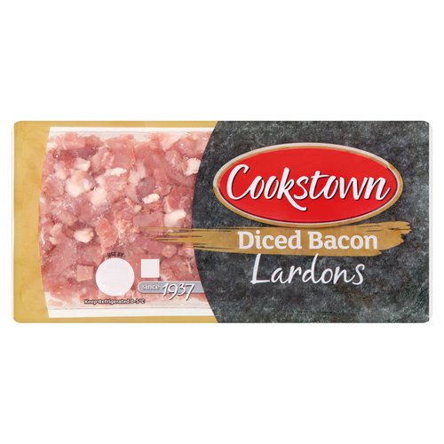 Unsmoked & Smoked Diced Bacon with added water<br/><br/><b>Pack Size</b><br/>200g ℮<br/><br/><br/><b>Ingredients</b><br/>Pork (87%) Water<br/>Salt<br/>Dextrose<br/>Stabilisers: Triphosphates, Polyphosphates<br/>Preservative: Sodium Nitrite<br/><br/><b>Storage Type</b><br/>Chilled<br/><br/><b>Storage and Usage Statements</b><br/>Suitable for Home Freezing<br/><br/><b>Storage</b><br/>Keep refrigerated 0°C - 5°C. Once opened consume within 4 days. Suitable for home freezing. Freeze by date mark shown and use within one month. Once defrosted (in a refrigerator) consume within 24 hours. Defrost thoroughly before use.<br/>
For use by see front of pack.<br/><br/><b>Storage Conditions</b><br/>Min Temp °C 0<br/>Max Temp °C 5<br/><br/><b>Cooking Guidelines</b><br/>Shallow Fry - From Chilled - Remove all packaging.<br/>
Fry over a medium heat for 4-5 minutes. Turn frequently.<br/>
Check product is thoroughly cooked before serving.<br/><br/><b>Origin</b><br/>Made in Northern Ireland using pork from island of Ireland<br/><br/><b>Company Name</b><br/>Karro Food Group Ltd.<br/><br/><b>Company Address</b><br/>70 Molesworth Road,<br/>
Cookstown,<br/>
Co. Tyrone,<br/>
BT80 8PJ.<br/><br/><b>Trademark Information</b><br/>Cookstown and the device is the trademark of Karro Food Group.<br/><br/><b>Return To</b><br/>Karro Food Group Ltd.,<br/>
70 Molesworth Road,<br/>
Cookstown,<br/>
Co. Tyrone,<br/>
BT80 8PJ.<br/>