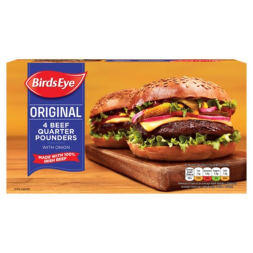Quarter Pounder Beef Burgers with chopped onion and seasoning.<br/><br/><b>Further Description</b><br/>For a Sustainable Tomorrow<br/>
Making a difference with responsibly sourced and prepared food every day<br/>
birdseye.ie/our-sustainable-path<br/><br/><b>Features</b><br/>Made with 100% Irish beef<br/>Delicious BBQ from frozen<br/>No artificial colours, flavours or preservatives<br/><br/><b>Pack Size</b><br/>454g ℮<br/><br/><b>Usage Other Text</b><br/>This pack contains 4 portions<br/><br/><b>Usage Count</b><br/>Number of uses - Servings - 4<br/><br/><br/><b>Ingredients</b><br/>Beef (76%)<br/>Onion (11%)<br/>Fortified <span style='font-weight: bold;'>WHEAT</span> Flour (<span style='font-weight: bold;'>WHEAT</span>, Calcium Carbonate, Iron, Niacin, Thiamin)<br/>Salt<br/>Onion Powder<br/>Beef Fat<br/>Dextrose<br/>Yeast Extract<br/>Black Pepper<br/>Pepper Extract<br/>Natural Flavouring<br/><br/><b>Allergy Advice</b><br/>For allergens see ingredients in <span style='font-weight: bold;'>CAPITAL LETTERS</span><br/><br/><br/><b>Safety Warning</b><br/>Although great care has been taken to remove all bones, some may remain.<br/><br/><b>Storage Type</b><br/>Frozen<br/><br/><b>Storage and Usage Statements</b><br/>Keep Frozen<br/><br/><b>Storage</b><br/>Store in a freezer at -18°C or cooler.<br/><br/><b>Storage Conditions</b><br/>Max Temp °C -18<br/><br/><b>Cooking Guidelines</b><br/>Barbecue - From Frozen - Charcoal must be glowing red with powdery grey surface before cooking.<br/>
Turn over regularly. Cook until no pink meat remains.<br/>Cooking Instructions - General - Please ensure your quarter pounders are cooked until piping hot and cooked throughout, without any pink meat remaining.<br/>
These instructions are guidelines only.<br/>
Do Not refreeze after defrosting.<br/>Grill - From Frozen - Tastiest when grilled straight from the freezer.<br/>
Medium Grill 16-18 mins<br/>
Pre-heat the grill.<br/>
Turn over occasionally.<br/>Oven cook - From Frozen - Alternatively, Oven Bake:<br/>
230°C, Fan 210°C, Gas mark 8 15-20 mins<br/>
Pre-heat the oven.<br/>
Cook in the middle of the oven on a baking tray with upturned edges. Turn over halfway through cooking.<br/><br/>Country of Origin - Ireland<br/><br/><b>Origin</b><br/>Made in the Republic of Ireland with beef sourced from farms within the Republic of Ireland<br/><br/><b>Company Name</b><br/>Birds Eye Limited / Birds Eye Ireland<br/><br/><b>Company Address</b><br/>Birds Eye Limited,<br/>
Freepost ADM3939,<br/>
London,<br/>
SW1A 1YS.<br/>
<br/>
Birds Eye Ireland,<br/>
Monread Rd,<br/>
Naas,<br/>
Co. Kildare,<br/>
W91 HE67,<br/>
Ireland.<br/><br/><b>Trademark Information</b><br/>'Birds Eye' and 'the logo shape' are trademarks of Nomad Foods Europe Limited<br/><br/><b>Telephone Helpline</b><br/>0800 33 22 77<br/><br/><b>Web Address</b><br/>www.birdseye.ie<br/><br/><b>Return To</b><br/>Careline information...<br/>
Call us free on 0800 33 22 77<br/>
Mon - Fri 8am to 6pm<br/>
Birds Eye Limited,<br/>
Freepost ADM3939,<br/>
London,<br/>
SW1A 1YS.<br/>
<br/>
Birds Eye Ireland,<br/>
Monread Rd,<br/>
Naas,<br/>
Co. Kildare,<br/>
W91 HE67,<br/>
Ireland.<br/>
www.birdseye.ie<br/>
If writing, please enclose the Best Before End panel.<br/>