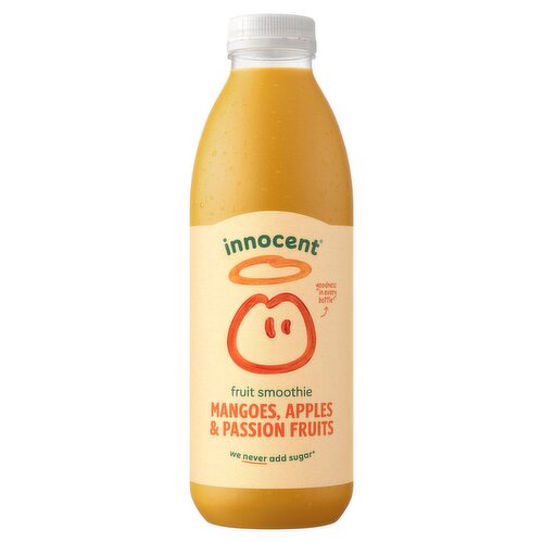 This innocent smoothie is a blend of crushed fruit and pure juices.<br/><br/><b>Further Description</b><br/>Certified B Corporation - Being a B Corp means we believe in using business as a force for good. For more information head to www.innocentdrinks.co.uk/a-bit-about-us/bcorp<br/><br/><b>Nutritional Claims</b><br/>A source of vitamin C & fibre<br/>Never added sugar<br/><br/><b>Features</b><br/>Never added sugar - Contains naturally occurring sugars from fruit<br/>Responsibly sourced ingredients<br/><br/><b>Lifestyle</b><br/>No Added Sugar<br/>Suitable for Vegans<br/><br/><b>Pack Size</b><br/>750ml ℮<br/><br/><b>Usage Other Text</b><br/>There are 5x 150ml servings per bottle<br/><br/><b>Usage Count</b><br/>Number of uses - Servings - 5<br/><br/><br/><b>Ingredients</b><br/>3 1/2 Pressed Apples (51%)<br/>1 1/2 Crushed Mangoes (16%)<br/>1 1/2 Mashed Bananas<br/>1 Squeezed Orange<br/>3/4 of a pressed Passion Fruit (3%)<br/>A piece of crushed Peach and some Squeezed Lime<br/><br/><b>Storage Type</b><br/>Chilled<br/><br/><b>Storage and Usage Statements</b><br/>Keep Refrigerated<br/><br/><b>Storage</b><br/>Keep refrigerated (0-8°C). For best before date, see neck. Once opened, drink within 4 days.<br/><br/><b>Storage Conditions</b><br/>Min Temp °C 0<br/>Max Temp °C 8<br/><br/><b>Preparation and Usage</b><br/>Shake before opening, not after.<br/><br/><b>Company Name</b><br/>Fruit Towers<br/><br/><b>Company Address</b><br/>342 Ladbroke Grove,<br/>
London,<br/>
W10 5BU.<br/><br/><b>Durability after Opening</b><br/>Consume Within - Days - 4<br/><br/><b>Telephone Helpline</b><br/>020 7993 3311 (UK)<br/><br/><b>Web Address</b><br/>www.innocentdrinks.co.uk<br/><br/><b>Return To</b><br/>Fruit Towers:<br/>
342 Ladbroke Grove,<br/>
London,<br/>
W10 5BU.<br/>
