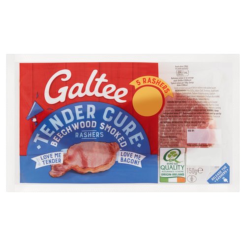 Cured, smoked and sliced bacon rashers with added water.<br/><br/><b>Features</b><br/>Love me tender, love me bacon!<br/><br/><b>Pack Size</b><br/>150g ℮<br/><br/><b>Usage Other Text</b><br/>This pack contains 5 servings<br/><br/><b>Usage Count</b><br/>Number of uses - Servings - 5<br/><br/><br/><b>Ingredients</b><br/>Pork (92%)<br/>Water<br/>Salt<br/>Dextrose<br/>Stabilisers (Sodium Triphosphate, Sodium Polyphosphate, Sodium Diphosphate)<br/>Yeast Extract<br/>Antioxidant (Sodium Ascorbate)<br/>Preservatives (Sodium Nitrate, Sodium Nitrite)<br/><br/><b>Storage Type</b><br/>Chilled<br/><br/><b>Storage and Usage Statements</b><br/>Suitable for Home Freezing<br/>Keep Refrigerated<br/><br/><b>Storage</b><br/>Keep refrigerated below 5°C. Once opened use within 48 hours and by use by date.<br/>
Suitable for home freezing. Freeze on day of purchase and use within one month. Defrost thoroughly before use.<br/>
For use by date, see front of pack.<br/><br/><b>Storage Conditions</b><br/>Max Temp °C 5<br/><br/><b>Cooking Guidelines</b><br/>Cooking Instructions - General - Ensure food is fully cooked before serving.<br/>Grill - From Chilled - Cook thoroughly under a pre-heated medium heat grill for 6 to 8 minutes, turning occasionally.<br/>Shallow Fry - From Chilled - Cook thoroughly in a little oil at a medium to high heat for 4 to 6 minutes, turning occasionally.<br/><br/>Country of Origin - Ireland<br/><br/><b>Company Address</b><br/>PO Box 118,<br/>
Cahirciveen,<br/>
Co Kerry.<br/><br/><b>Telephone Helpline</b><br/>ROI: 1850924632<br/>NI: 08453780388<br/><br/><b>Return To</b><br/>Consumer Relations,<br/>
PO Box 118,<br/>
Cahirciveen,<br/>
Co Kerry.<br/>
ROI: Lo-call: 1850924632<br/>
NI Lo-call: 08453780388<br/>