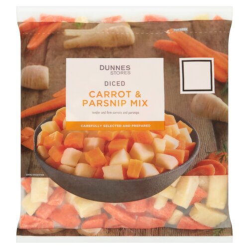 Quick-Frozen Diced Carrots and Parsnips<br/><br/><b>Nutritional Claims</b><br/>Source of Fibre<br/><br/><b>Features</b><br/>Tender and firm carrots and parsnips<br/>Carefully selected and prepared<br/>Each 80g = 1 of 5 a day<br/>Source of fibre<br/>Suitable for vegetarians<br/><br/><b>Lifestyle</b><br/>Suitable for Vegetarians<br/><br/><b>Pack Size</b><br/>750g ℮<br/><br/><b>Usage Other Text</b><br/>Number of servings per pack: 9 approx.<br/><br/><b>Usage Count</b><br/>Number of uses - Servings - 9<br/><br/><br/><b>Ingredients</b><br/>Carrots (50%)<br/>Parsnips (50%)<br/><br/><b>Storage Type</b><br/>Frozen<br/><br/><b>Storage and Usage Statements</b><br/>Keep Frozen<br/><br/><b>Storage</b><br/>Keep frozen -18°C or colder.<br/>
- Once thawed do not refreeze.<br/>
- Keep frozen and use within the following periods.<br/>
Ice making compartment: 3 days<br/>
Star marked frozen food compartments:<br/>
* 1 week<br/>
** 1 month<br/>
*** until 'best before end' date<br/>
**** until 'best before end' date<br/><br/><b>Storage Conditions</b><br/>Max Temp °C -18<br/><br/><b>Cooking Guidelines</b><br/>Cooking Instructions - General - Cooking times will vary with appliances, the following are guidelines only. Remove all packaging. For best results always cook from frozen.<br/>
Always check the product is piping hot throughout before serving. Do not reheat once cooked.<br/>Hob - From Frozen - 6-8 mins.<br/>
Place carrot and parsnip mix in a saucepan of boiling water, return to the boil and simmer for time shown. Drain and serve.<br/>Microwave - From Frozen - 650W 8-10 mins., 750W 7-9 mins., 850W 6-8 mins.<br/>
Place 160g of carrot and parsnip mix into a microwaveable container and add 2-3 tbsp of water and cook for times indicated, stirring halfway through cooking. Allow to stand for 1 minute. Stir and serve.<br/>Oven cook - From Frozen - 200°C, Fan 180°C, Gas 6, 30-40 mins.<br/>
Preheat oven to required temperature shown above. Place 160g of carrot and parsnip mix on a baking tray on the middle shelf of the oven with 2 tbsp of oil, mix and cook for time indicated.<br/><br/>Packed In - Belgium<br/><br/><b>Origin</b><br/>Packed in Belgium<br/><br/><b>Company Name</b><br/>Dunnes Stores<br/><br/><b>Company Address</b><br/>46-50 South Great George's Street,<br/>
Dublin 2.<br/>
<br/>
Store 3,<br/>
Forestside S.C.,<br/>
Upr. Galwally Rd.,<br/>
Belfast,<br/>
BT8 6FX.<br/><br/><b>Return To</b><br/>Quality Guarantee<br/>
Dunnes Stores is a brand of quality and better value since 1944. If you try and are not entirely satisfied with this Dunnes Stores product, please return the item with the original packaging and receipt to the store and we will be happy to replace or refund it for you. This does not affect your statutory rights.<br/>
Dunnes Stores,<br/>
46-50 South Great George's Street,<br/>
Dublin 2.<br/>
<br/>
Dunnes Stores,<br/>
Store 3,<br/>
Forestside S.C.,<br/>
Upr. Galwally Rd.,<br/>
Belfast,<br/>
BT8 6FX.<br/>