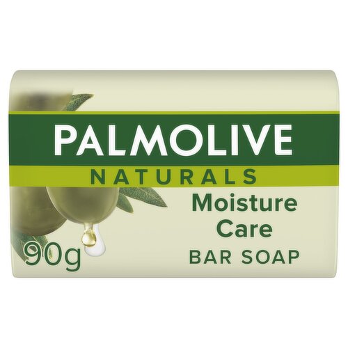 <b>Further Description</b><br/>Indulge in a moisturising sensation and reconnect to nature with Palmolive Naturals Moisture Care Bar Soap. Our 3 pack soap bar, for hands, body and face, has a formula that contains a blend of olive and milk to help make your skin feel moisturised. It also contains ingredients of 98% natural origin, has a 98% biodegradable soap formula and a paper wrapper that you can recycle<br/><br/><b>Features</b><br/>Formula contains a blend of olive and milk<br/>Makes your skin feel moisturised<br/>Contains ingredients of 98% natural origin<br/>98% biodegradable soap formula<br/>For hands, body and face<br/><br/><b>Pack Size</b><br/>90G ℮<br/><br/><br/><b>Ingredients</b><br/>Sodium Palmate, Sodium Oleate, Aqua, Glycerin, Sodium Laurate, Parfum, Sodium Chloride, Tetrasodium EDTA, Etidronic Acid, Sine Adipe Lac, Olea Europaea Fruit Oil, Aloe Barbadensis Leaf Juice Powder, Alpha-Isomethyl Ionone, Benzyl Salicylate, Citronellol, Coumarin, Limonene, CI 47005, CI 61570, CI 77891.<br/><br/><b>Storage Type</b><br/>Ambient<br/><br/><b>Company Name</b><br/>Colgate-Palmolive<br/><br/><b>Company Address</b><br/>Guildford; GU2 8JZ<br/><br/><b>Telephone Helpline</b><br/>00800 321 321 32<br/><br/><b>Web Address</b><br/>www.colgate.co.uk<br/><br/><b>Return To</b><br/>Guildford; GU2 8JZ<br/><br/>