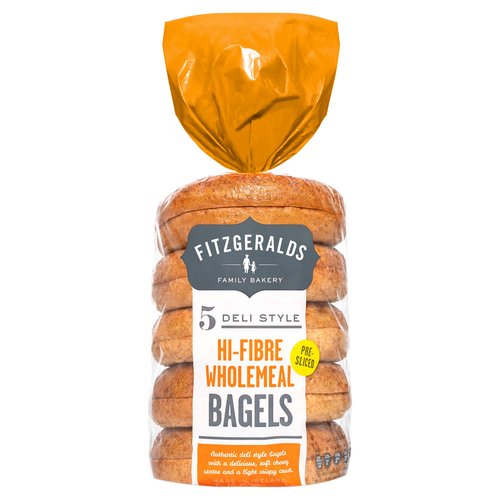 5 Wholemeal Bagels<br/><br/><b>Features</b><br/>Pre-sliced<br/>Authentic deli style bagels with a delicious, soft chewy centre and a light crispy crust<br/>Delicious toasted<br/>Suitable for vegetarians and vegans<br/><br/><b>Lifestyle</b><br/>Suitable for Vegans<br/>Suitable for Vegetarians<br/><br/><b>Pack Size</b><br/>425G ℮<br/><br/><br/><b>Ingredients</b><br/>Wholemeal <span style='font-weight: bold;'>Wheat</span> Flour (37%)<br/>Water<br/>Fortified Wheat Flour [<span style='font-weight: bold;'>Wheat</span> Flour, Calcium Carbonate, Iron, Niacin (B3), Thiamin (B1)]<br/>Sugar<br/><span style='font-weight: bold;'>Wheat</span> Gluten<br/>Yeast<br/>Rapeseed Oil<br/>Malted <span style='font-weight: bold;'>Barley</span> Flour<br/>Preservatives (Calcium Propionate, Sorbic Acid)<br/>Flour Treatment Agent (Vitamin C)<br/><br/><b>Allergy Advice</b><br/>For allergens, including Cereals containing Gluten, see <span style='font-weight: bold;'>highlighted</span> ingredients<br/><br/><br/><b>Allergy Text</b><br/>May contain Sesame Seeds<br/><br/><br/><b>Safety Warning</b><br/>Warning: Bag closure may present choking hazard.<br/><br/><b>Storage Type</b><br/>Ambient<br/><br/><b>Storage and Usage Statements</b><br/>Suitable for Home Freezing<br/><br/><b>Storage</b><br/>Store in a cool, dry place. Use within best before date shown on bag closure. Suitable for home freezing. Freeze on day of purchase and use within one month. Once thawed, do not refreeze.<br/><br/><b>Preparation and Usage</b><br/>How to Prepare<br/>
For best results, toast on a medium heat.<br/><br/>Country of Origin - Ireland<br/><br/><b>Origin</b><br/>Made in Ireland<br/><br/><b>Company Name</b><br/>Fitzgeralds Family Bakery<br/><br/><b>Company Address</b><br/>Knockgriffin,<br/>
Midleton,<br/>
Co. Cork,<br/>
Ireland.<br/><br/><b>Telephone Helpline</b><br/>+353 (0)21 463 9739<br/><br/><b>Web Address</b><br/>fitzgeraldsbakery.ie<br/><br/><b>Return To</b><br/>Fitzgeralds Family Bakery,<br/>
Knockgriffin,<br/>
Midleton,<br/>
Co. Cork,<br/>
Ireland.<br/>
+353 (0)21 463 9739<br/>
headbaker@fitzgeraldsbakery.ie<br/>
fitzgeraldsbakery.ie<br/>