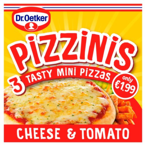 Pizzinis cheese and tomatoes, quick-frozen.<br/><br/><b>Features</b><br/>Suitable for Vegetarians<br/><br/><b>Lifestyle</b><br/>Suitable for Vegetarians<br/><br/><b>Pack Size</b><br/>290g ℮<br/><br/><b>Usage Other Text</b><br/>Contains 3 pizzas per pack<br/><br/><b>Usage Count</b><br/>Number of uses - Servings - 3<br/><br/><br/><b>Ingredients</b><br/><span style='font-weight: bold;'>WHEAT</span> Flour<br/>Water<br/>14% <span style='font-weight: bold;'>CHEESE</span> (firmed <span style='font-weight: bold;'>MOZZARELLA</span>, <span style='font-weight: bold;'>EDAM</span>)<br/>7.3% Tomato Paste<br/>Rapeseed Oil<br/>Sugar<br/>Baker's Yeast<br/>Modified Starch<br/>Salt<br/><span style='font-weight: bold;'>WHEAT</span> Malt Flour<br/>Parsley<br/><br/><b>Allergy Advice</b><br/>Allergen information: see ingredients in <span style='font-weight: bold;'>BOLD</span>.<br/><br/><br/><b>Allergy Text</b><br/>May contain: <span style='font-weight: bold;'>SOY</span>, <span style='font-weight: bold;'>MUSTARD</span>.<br/><br/><br/><b>Storage Type</b><br/>Frozen<br/><br/><b>Storage and Usage Statements</b><br/>Keep Frozen<br/><br/><b>Storage</b><br/>Deep-frozen product. Do not refreeze after defrosting.<br/>
Protect from thawing. Store at -18°C.<br/><br/><b>Storage Conditions</b><br/>Max Temp °C -18<br/><br/><b>Cooking Guidelines</b><br/>Cooking Instructions - General - Cooking time depends on the oven. Bake until the cheese is melted and crust edges are golden brown.<br/>Grill - From Frozen - Remove all packaging. Grill the frozen pizza under a pre-heated grill on medium heat for 9-12 minutes.<br/>Oven cook - From Frozen - Preheat conventional oven to 220°C / 428°F /Gas Mark 6 or fan assisted oven to 200°C.<br/>
Remove all packaging and place the frozen pizza on a baking tray in the middle of the oven.<br/>
Cook for 9-12 minutes.<br/><br/><b>Company Name</b><br/>Dr. Oetker Ireland Ltd. / Dr. Oetker UK Ltd.<br/><br/><b>Company Address</b><br/>Dr. Oetker Ireland Ltd.,<br/>
Unit 13,<br/>
Block E,<br/>
Calmount Park,<br/>
Ballymount,<br/>
Dublin 12.<br/>
<br/>
Dr. Oetker UK Ltd.,<br/>
4600 Park Approach,<br/>
Thorpe Park,<br/>
Leeds,<br/>
LS15 8GB.<br/><br/><b>Web Address</b><br/>www.oetker.ie<br/>www.oetker.co.uk<br/><br/><b>Return To</b><br/>Dr. Oetker Ireland Ltd.,<br/>
Unit 13,<br/>
Block E,<br/>
Calmount Park,<br/>
Ballymount,<br/>
Dublin 12.<br/>
www.oetker.ie<br/>
Contact us at: crt@oetker.ie<br/>
<br/>
Dr. Oetker UK Ltd.,<br/>
4600 Park Approach,<br/>
Thorpe Park,<br/>
Leeds,<br/>
LS15 8GB.<br/>
www.oetker.co.uk<br/>
Contact us at: crt@oetker.co.uk<br/>