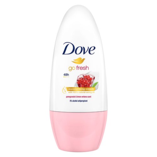 <b>Features</b><br/>New and improved formula, cares for your underarm skin like never before<br/>Dove Go Fresh Pomegranate Anti-perspirant Deodorant provides 48 hours protection against sweat and odour<br/>Contains our unique1/4 moisturising cream for beautifully soft and smooth underarms<br/>Helps delicate underarm skin to recover from irritation caused by shaving<br/>Dermatologically tested and 0% alcohol formula<br/>Juicy and refreshing scent of pomegranate and lemon verbena to help revitalise your senses<br/><br/><b>Pack Size</b><br/>50millilitre ℮<br/><br/><br/><b>Ingredients</b><br/>Aqua, Aluminum Chlorohydrate, Glycerin, Helianthus Annuus Seed Oil, Steareth-2, Parfum, Steareth-20, Disodium EDTA, Pen taerythrityl Tetra-di-t-butyl Hydroxyhydrocinnamate, Potassium Lactate, Benzyl Alcohol, Limonene, Linalool<br/><br/><b>Safety Warning</b><br/>Roll on - Antiperspirant without Zirconium Do not use on broken skin. Stop use if rash or irritation occurs. ....<br/><br/><b>Storage Type</b><br/>Ambient<br/><br/>Country of Origin - United Kingdom<br/><br/><b>Origin</b><br/>United Kingdom<br/><br/><b>Company Name</b><br/>Unilever UK Ltd. / Unilever Ireland Ltd.<br/><br/><b>Company Address</b><br/>Unilever Dept ER,<br/>
Wirral CH63 3JW UK<br/><br/><b>Telephone Helpline</b><br/>UK: 0800 085 1548<br/>
ROI: 1850 404 060 (Callsave)<br/><br/><b>Web Address</b><br/>www.dove.com/uk<br/>
www.unilever.com<br/><br/>