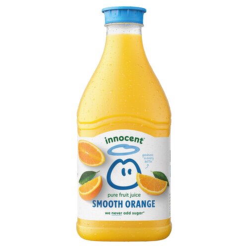 Orange juice smooth<br/><br/><b>Further Description</b><br/>Certified B Corporation - Being a B Corp means we believe in using business as a force for good. For more information head to www.innocentdrinks.co.uk/a-bit-about-us/bcorp<br/>
<br/>
Shake well before opening. Not after.<br/>
<br/><br/><b>Features</b><br/>Pure fruit juice, nothing else<br/>Pasteurised<br/>Never ever from concentrate<br/>1 serving contains 1 of your 5-a-day<br/>Suitable for vegans<br/><br/><b>Lifestyle</b><br/>Suitable for Vegans<br/><br/><b>Pack Size</b><br/>1.35L ℮<br/><br/><b>Usage Other Text</b><br/>9 approx. servings per carafe<br/><br/><b>Usage Count</b><br/>Number of uses - Servings - 9<br/><br/><b>Recycling Info</b><br/>Pack - Recyclable<br/><br/><br/><b>Ingredients</b><br/>17 Juicy Oranges squeezed into every bottle<br/><br/><b>Storage Type</b><br/>Chilled<br/><br/><b>Storage and Usage Statements</b><br/>Keep Refrigerated<br/><br/><b>Storage</b><br/>Looking after your juice<br/>
Keep refrigerated (0-8ºC). For best before date, see neck. Once opened, drink within 4 days.<br/><br/><b>Storage Conditions</b><br/>Min Temp °C 0<br/>Max Temp °C 8<br/><br/><b>Preparation and Usage</b><br/>Shake before opening, not after.<br/><br/><b>Company Name</b><br/>Fruit Towers<br/><br/><b>Company Address</b><br/>342 Ladbroke Grove,<br/>
London,<br/>
W10 5BU.<br/><br/><b>Durability after Opening</b><br/>Consume Within - Days - 4<br/><br/><b>Telephone Helpline</b><br/>020 7993 3311 (UK)<br/><br/><b>Web Address</b><br/>www.innocentdrinks.co.uk<br/><br/><b>Return To</b><br/>Fancy a chat? Pop in to<br/>
Fruit Towers,<br/>
342 Ladbroke Grove,<br/>
London,<br/>
W10 5BU.<br/>