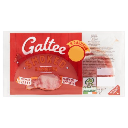 Cured, smoked and sliced bacon rashers with added water.<br/><br/><b>Features</b><br/>Savage tasty, savage smokey!<br/><br/><b>Pack Size</b><br/>240g ℮<br/><br/><b>Usage Other Text</b><br/>This pack contains 8 servings<br/><br/><b>Usage Count</b><br/>Number of uses - Servings - 8<br/><br/><br/><b>Ingredients</b><br/>Pork (87%)<br/>Water<br/>Salt<br/>Dextrose<br/>Stabilisers (Sodium Triphosphate, Sodium Polyphosphate, Sodium Diphosphate)<br/>Yeast Extract<br/>Glucose Syrup<br/>Antioxidant (Sodium Ascorbate)<br/>Preservatives (Sodium Nitrate, Sodium Nitrite)<br/><br/><b>Storage Type</b><br/>Chilled<br/><br/><b>Storage and Usage Statements</b><br/>Suitable for Home Freezing<br/>Keep Refrigerated<br/><br/><b>Storage</b><br/>Keep refrigerated below 5°C. Once opened use within 48 hours and by use by date.<br/>
Suitable for home freezing. Freeze on day of purchase and use within one month. Defrost thoroughly before use.<br/>
For use by date, see front of pack.<br/><br/><b>Storage Conditions</b><br/>Max Temp °C 5<br/><br/><b>Cooking Guidelines</b><br/>Cooking Instructions - General - Ensure food is fully cooked before serving.<br/>Grill - From Chilled - Cook thoroughly under a pre-heated medium grill for 6 to 8 minutes, turning occasionally.<br/>Shallow Fry - From Chilled - Cook thoroughly in a little oil at a medium to high heat for 4 to 6 minutes, turning occasionally.<br/><br/>Country of Origin - Ireland<br/><br/><b>Company Address</b><br/>PO Box 118,<br/>
Cahirciveen,<br/>
Co Kerry.<br/><br/><b>Telephone Helpline</b><br/>ROI: 1850924632<br/>NI: 08453780388<br/><br/><b>Return To</b><br/>Consumer Relations,<br/>
PO Box 118,<br/>
Cahirciveen,<br/>
Co. Kerry.<br/>
ROI : Lo-call: 1850924632<br/>
NI Lo-call: 08453780388<br/>