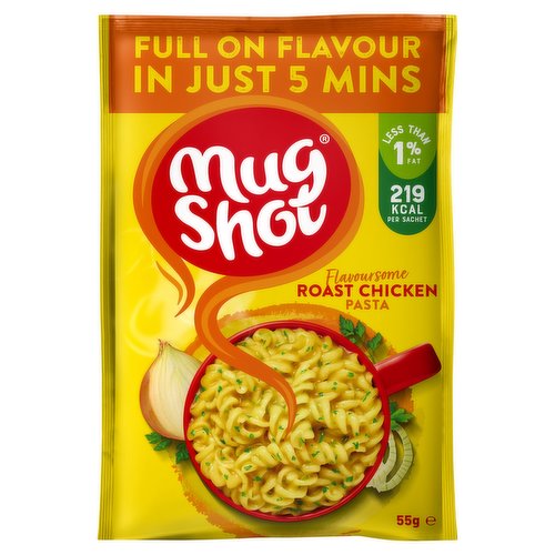 Pasta spirals in a roast chicken flavour sauce<br/><br/><b>Nutritional Claims</b><br/>Source of Protein<br/><br/><b>Features</b><br/>Less than 1% Fat<br/>219 Kcal per Sachet<br/>Made with Natural Flavours<br/>Ready in 5 Mins<br/>Source of Protein<br/>No Artificial Colours<br/>Suitable for Vegetarians<br/><br/><b>Lifestyle</b><br/>Suitable for Vegetarians<br/><br/><b>Pack Size</b><br/>55g ℮<br/><br/><b>Usage Other Text</b><br/>This represents one serving<br/><br/><b>Usage Count</b><br/>Number of uses - Servings - 1<br/><br/><b>Recycling Info</b><br/>Pack - Recycle<br/><br/><br/><b>Ingredients</b><br/>Dried Pasta [Durum <span style='font-weight: bold;'>WHEAT</span> Semolina]<br/>Potato Starch<br/>Whey Powder (<span style='font-weight: bold;'>MILK</span>)<br/>Natural Flavourings (contain <span style='font-weight: bold;'>WHEAT</span>, <span style='font-weight: bold;'>BARLEY</span>)<br/>Maltodextrin<br/>Palm Oil<br/>Dried Glucose Syrup<br/>Onion Powder<br/>Salt<br/><span style='font-weight: bold;'>MILK</span> Proteins<br/>Dried Parsley<br/>Stabiliser (Dipotassium Phosphate)<br/>Ground Black Pepper<br/>Emulsifier (Mono- and Di-Glycerides of Fatty Acids)<br/><br/><b>Allergy Advice</b><br/>For allergens, including Cereals containing Gluten, see ingredients In <span style='font-weight: bold;'>BOLD</span>.<br/><br/><br/><b>Allergy Text</b><br/>Also, may contain Egg, Soya, Mustard and other Gluten sources<br/><br/><br/><b>Storage Type</b><br/>Ambient<br/><br/><b>Storage</b><br/>Store in a cool, dry place.<br/><br/><b>Preparation and Usage</b><br/>Make Up Instructions:<br/>
1. Empty sachet contents into your favourite mug<br/>
2. Fill your mug halfway with boiling water (approx. 200ml) and stir thoroughly.<br/>
3. Leave to stand for 5 mins with a stir halfway through. Top up if thinner sauce is required.<br/>
4. Take a moment. And Enjoy!<br/><br/><b>Company Name</b><br/>Symington's Ltd. / Tennant & Ruttle Distribution Ltd<br/><br/><b>Company Address</b><br/>Symington's Ltd.,<br/>
Dartmouth Way,<br/>
Leeds,<br/>
LS11 5JL,<br/>
UK.<br/>
<br/>
Tennant & Ruttle Distribution Ltd,<br/>
2010 Orchard Avenue,<br/>
Citywest,<br/>
Dublin 24,<br/>
D24 EKW3,<br/>
Ireland.<br/><br/><b>Return To</b><br/>Symington's Ltd.,<br/>
Dartmouth Way,<br/>
Leeds,<br/>
LS11 5JL,<br/>
UK.<br/>
<br/>
Tennant & Ruttle Distribution Ltd,<br/>
2010 Orchard Avenue,<br/>
Citywest,<br/>
Dublin 24,<br/>
D24 EKW3,<br/>
Ireland.<br/>