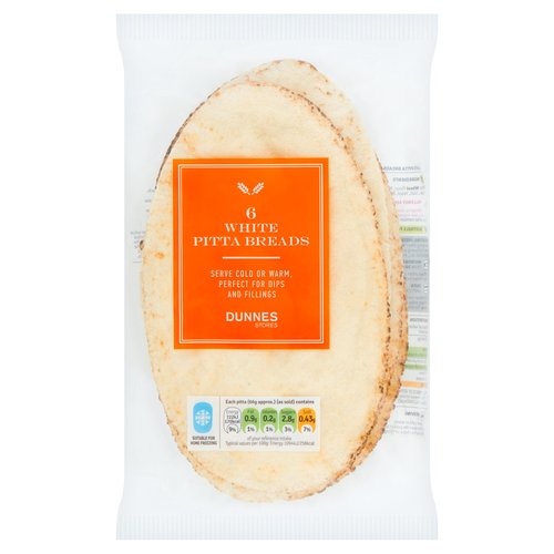 6 White Pitta Breads<br/><br/><b>Features</b><br/>Serve Cold or Warm, Perfect for Dips and Fillings<br/>Ready to Eat<br/>Free from Hydrogenated Fat<br/>Free from Artificial Colours, Flavours and Preservatives<br/>Suitable for Vegetarians<br/><br/><b>Lifestyle</b><br/>Suitable for Vegetarians<br/><br/><b>Pack Size</b><br/>400g ℮<br/><br/><b>Usage Other Text</b><br/>Number of Servings Per Pack: 6<br/><br/><b>Usage Count</b><br/>Number of uses - Servings - 6<br/><br/><br/><b>Ingredients</b><br/>White <span style='font-weight: bold;'>Wheat</span> Flour<br/>Water<br/>Cultured Sugar<br/>Sugar<br/>Salt<br/>Yeast<br/>Rapeseed Oil<br/><br/><b>Allergy Advice</b><br/>For allergens, including Cereals containing Gluten, see ingredients in bold.<br/><br/><br/><b>Allergy Text</b><br/>May also contain Nuts.<br/><br/><br/><b>Storage Type</b><br/>Ambient<br/><br/><b>Storage and Usage Statements</b><br/>Suitable for Home Freezing<br/>Ready to Eat<br/><br/><b>Storage</b><br/>- Store in a cool dry place.<br/>
- For 'best before' date, see front of pack.<br/>
- Suitable for home freezing.<br/>
- If freezing, freeze on the day of purchase and consume within 1 month.<br/>
- Defrost thoroughly at room temperature before heating and use within 24 hours.<br/>
- Once thawed do not refreeze.<br/><br/><b>Cooking Guidelines</b><br/>Cooking Instructions - General - Heating times will vary with appliances, the following are guidelines only.<br/>
Remove All Packaging.<br/>Microwave - From Ambient - 750W 30 secs. 850W 25 secs.<br/>
- Place pittas onto a microwaveable plate and heat for times indicated.<br/>Oven cook - From Ambient - 180°C/350°F/Gas Mark 4 1-2 mins.<br/>
- Preheat oven to required temperature shown above.<br/>
- Place pittas on the middle shelf of the oven and heat for time indicated.<br/><br/><b>Preparation and Usage</b><br/>Serving<br/>
- Serve cold or warm.<br/>
- Slice open the pocket and fill with your favourite choice of fillings or spreads.<br/><br/><b>Origin</b><br/>Produced and packed in Co. Dublin<br/><br/><b>Company Name</b><br/>Dunnes Stores / Dunnes Stores (Bangor) Ltd.<br/><br/><b>Company Address</b><br/>Dunnes Stores,<br/>
46-50 South Great George's Street,<br/>
Dublin 2.<br/>
<br/>
Dunnes Stores (Bangor) Ltd.,<br/>
28 Hill Street,<br/>
Newry,<br/>
Co. Down<br/>
BT34 1AR.<br/><br/><b>Return To</b><br/>Quality Guarantee<br/>
Dunnes Stores is a brand of quality and better value since 1944. If you try and are not entirely satisfied with this Dunnes Stores product, please return the item with the original packaging and receipt to the store and we will be happy to replace or refund it for you. This does not affect your statutory rights.<br/>
Dunnes Stores,<br/>
46-50 South Great George's Street,<br/>
Dublin 2.<br/>
<br/>
Dunnes Stores (Bangor) Ltd.,<br/>
28 Hill Street,<br/>
Newry,<br/>
Co. Down<br/>
BT34 1AR.<br/>