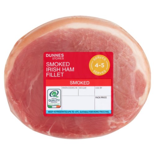 Smoked Irish Ham Fillet with Added Water<br/><br/><b>Features</b><br/>Made from selected Irish pork<br/><br/><br/><b>Ingredients</b><br/>Irish Pork Leg (87%)<br/>Water<br/>Salt<br/>Antioxidant: Sodium Ascorbate<br/>Preservatives: Potassium Nitrate, Sodium Nitrite<br/><br/><b>Safety Warning</b><br/>Raw meat products may contain bacteria that could potentially cause illness if mishandled or cooked incorrectly. Keep raw and cooked products separate.<br/>
<br/>
CAUTION<br/>
Whilst every effort has been made to remove all bones, some may remain.<br/><br/><b>Storage Type</b><br/>Chilled<br/><br/><b>Storage and Usage Statements</b><br/>Suitable for Home Freezing<br/>Keep Refrigerated<br/><br/><b>Storage</b><br/>Keep refrigerated 0°C to +4°C.<br/>
Consume within 24 hours of opening and by 'use by' date.<br/>
For 'use by' date and weight, see front of pack.<br/>
Suitable for home freezing.<br/>
If freezing, freeze on day of purchase and consume within 1 month.<br/>
Defrost thoroughly in refrigerator before cooking and use within 24 hours.<br/>
Once thawed do not refreeze.<br/><br/><b>Storage Conditions</b><br/>Min Temp °C 0<br/>Max Temp °C 4<br/><br/><b>Cooking Guidelines</b><br/>Cooking Instructions - General - Cooking times will vary with appliances, the following are guidelines only.<br/>
Not suitable for microwave cooking. Remove all outer packaging but leave the casing on if boiling.<br/>
Allow the ham to rest for 10 minutes. Remove casing prior to carving. Always check the product is piping hot throughout before serving. Do not reheat once cooked.<br/>Hob - From Chilled - Medium heat 25 mins. per 500g<br/>
Place the ham in a saucepan of boiling water, return to the boil and simmer for time shown<br/>
Drain and serve<br/>Oven cook - From Chilled - 190°C/375°F/Gas Mark 5, Fan Assisted Oven 170°C, 30 mins per 500g plus 30 mins. extra<br/>
Preheat oven to required temperature shown above.<br/>
Remove the inner layer of casing from the ham.<br/>
Place the ham in an oven proof dish, cover with tin foil, place on the middle shelf of the oven and cook for time indicated.<br/>
Remove the tin foil for last 30 minutes of cooking.<br/><br/><b>Origin</b><br/>Produced and Packed in Co. Kilkenny<br/><br/><b>Company Name</b><br/>Dunnes Stores / Dunnes Stores (Bangor) Ltd.<br/><br/><b>Company Address</b><br/>Dunnes Stores,<br/>
46-50 South Great George's Street,<br/>
Dublin 2.<br/>
<br/>
Dunnes Stores (Bangor) Ltd.,<br/>
28 Hill Street,<br/>
Newry,<br/>
Co. Down,<br/>
BT34 1AR.<br/><br/><b>Return To</b><br/>Dunnes Stores,<br/>
46-50 South Great George's Street,<br/>
Dublin 2.<br/>
<br/>
Dunnes Stores (Bangor) Ltd.,<br/>
28 Hill Street,<br/>
Newry,<br/>
Co. Down,<br/>
BT34 1AR.<br/>