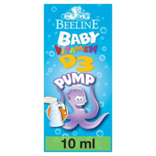 Baby Vitamin D3 Pump<br/><br/><b>Features</b><br/>Press once for daily dose<br/>For newborns and babies<br/>Pump included<br/>Free from sugar, lactose or gluten<br/>Free from yeast, flavourings or preservatives<br/>Free from artificial colours<br/>Suitable for vegetarians<br/><br/><b>Lifestyle</b><br/>Suitable for Vegetarians<br/><br/><b>Pack Size</b><br/>10ml ℮<br/><br/><br/><b>Ingredients</b><br/>MCT (Medium Chain Triglycerides)<br/>Cholecalciferol (Vitamin D3)<br/>DL-α-Tocopherol (Antioxidant)<br/><br/><b>Safety Warning</b><br/>Do not use if seal is broken.<br/>
Keep out of reach of young children.<br/>
<br/>
Food supplements should not be used as a substitute for a varied diet.<br/><br/><b>Storage Type</b><br/>Ambient<br/><br/><b>Storage</b><br/>Store in a cool dry place away from direct sunlight.<br/>
Beeline Vitamin D3 does not require refrigeration.<br/>
After opening use within 12 months.<br/><br/><b>Preparation and Usage</b><br/>Instructions for use<br/>
Press pump once (to the limit) to dispense the required daily dose of 5µg.<br/>
<br/>
For full instructions please read information leaflet enclosed. <br/>
<br/>
Alternatively Baby D3 can be given to the baby using a spoon by dispensing one drop from the pump onto the spoon. <br/>
Avoid contact between the pump and the mouth. <br/>
If your baby misses a dose do not take a double dose.<br/>
If you think you have overdosed contact your GP or pharmacist. Do not exceed recommended daily dose. <br/>
<br/>
Recommended Daily Dose.<br/>
One press of the pump gives the recommended dose for babies 0 to 12 months of 5µg<br/><br/><b>Company Name</b><br/>Beeline Healthcare<br/><br/><b>Company Address</b><br/>Crag Crescent,<br/>
Clondalkin Ind. Est,<br/>
Dublin 22,<br/>
Ireland.<br/><br/><b>Durability after Opening</b><br/>Consume Within - Months - 12<br/><br/><b>Web Address</b><br/>www.beelinehealthcare.com<br/><br/><b>Return To</b><br/>Beeline Healthcare,<br/>
Crag Crescent,<br/>
Clondalkin Ind. Est,<br/>
Dublin 22,<br/>
Ireland.<br/>
info@beelinehealthcare.com<br/>
Website : www.beelinehealthcare.com<br/><br/><style>table {border-collapse:collapse}td {background:#f0f3f7;border: 1px solid gray;border-collapse:collapse;} th {background:lightgray;border: 1px solid gray;border-collapse:collapse;} .sectHead {font-weight:bold;} </style><p><span class=sectHead>Nutrition</span><table><tr><th></th><th>Per 1 press of pump</th><th>%NRV</th></tr><tr><td>Vitamin D3</td><td>5µg (200iu)</td><td>100</td></tr><tr><td>NRV = Nutrient Reference Value</td><td></td><td></td></tr></table></p>