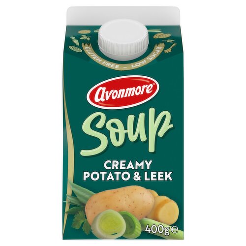 Creamy Potato & Leek Soup<br/><br/><b>Features</b><br/>Packed with real heart warming goodness<br/>Microwave in carton<br/>Gluten free<br/>No artificial colours or preservatives<br/>Suitable for Vegetarians<br/><br/><b>Lifestyle</b><br/>Suitable for Vegetarians<br/><br/><b>Pack Size</b><br/>400g ℮<br/><br/><b>Usage Other Text</b><br/>This pack contains 2 x 200g servings<br/><br/><b>Usage Count</b><br/>Number of uses - Servings - 2<br/><br/><b>Recycling Info</b><br/>Carton - Recyclable<br/><br/><br/><b>Ingredients</b><br/>Water<br/>Potato (19%)<br/>Leek (18%)<br/>Onion<br/><span style='font-weight: bold;text-decoration: underline;'>Cream</span><br/><span style='font-weight: bold;text-decoration: underline;'>Butter</span><br/>Vegetable Stock (Yeast Extract, Rice Flour, Sunflower Oil, <span style='font-weight: bold;text-decoration: underline;'>Celery</span>, Carrots, Turmeric, Parsley)<br/>Salt<br/>Black Pepper<br/><br/><b>Allergy Advice</b><br/>For allergens see <span style='font-weight: bold;text-decoration: underline;'>highlighted</span> ingredients<br/><br/><br/><b>Storage Type</b><br/>Chilled<br/><br/><b>Storage and Usage Statements</b><br/>Suitable for Home Freezing<br/>Keep Refrigerated<br/><br/><b>Storage</b><br/>Keep refrigerated between 0°C to +5°C.<br/>
Consume within 2 days of opening.<br/>
Home Freezing: Freeze on day of purchase and use within one month. Defrost thoroughly before heating.<br/><br/><b>Storage Conditions</b><br/>Min Temp °C 0<br/>Max Temp °C 5<br/><br/><b>Cooking Guidelines</b><br/>Cooking Instructions - General - All appliances vary, these instructions are just a guide.<br/>
"Shake gently before opening"<br/>Hob - From Chilled - Remove the easy pour cap and empty the soup into a saucepan. Gently heat the soup through for 4 minutes until piping hot, stirring occasionally.<br/>Microwave - From Chilled - Open & remove the easy pour cap. Heat on full power following your microwave manufacturer's instructions.<br/>
Guidelines below:<br/>
750W - 5 minutes<br/>
900W - 4 minutes<br/>
Adjust times according to your microwave's output.<br/>
Container will be hot - handle with care!<br/><br/><b>Company Name</b><br/>Glanbia / Glanbia Foods (NI)<br/><br/><b>Company Address</b><br/>Glanbia,<br/>
Citywest,<br/>
Dublin 24.<br/>
<br/>
Glanbia Foods (NI),<br/>
202 City Business Park,<br/>
Dunmurry,<br/>
Belfast,<br/>
BT17 9HY.<br/><br/><b>Telephone Helpline</b><br/>1850 202 366<br/>0845 6004567<br/><br/><b>Return To</b><br/>Glanbia Consumer Foods,<br/>
Citywest,<br/>
Dublin 24.<br/>
Tel: 1850 202 366<br/>
Email: freshsoup@avonmore.ie<br/>
<br/>
Glanbia Foods (NI),<br/>
202 City Business Park,<br/>
Dunmurry,<br/>
Belfast,<br/>
BT17 9HY.<br/>
Tel: 0845 6004567<br/>