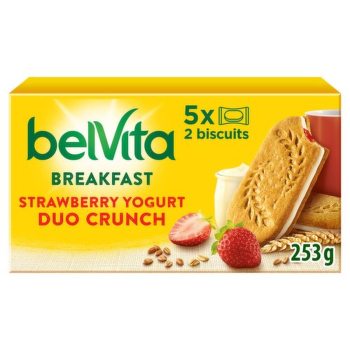 Biscuits Made with Wholegrain Cereals with a Live Yogurt Filling (13.5 %) and a Strawberry Filling (13.5 %) and Added Minerals.<br/><br/><b>Further Description</b><br/>Charter Harmony<br/>
Belvita is Committed Harmony Program<br/>
We proudly partner with farmers close to our factories to grow wheat in a sustainable way that helps conserve water, cares for the soil, protects biodiversity and reduces carbon emissions. Learn more about the program on www.harmony.info<br/>
<br/>
Enjoy as part of a varied and balanced diet and healthy lifestyle.<br/>
<br/>
Find more information on www.belvitamorning.com<br/><br/><b>Nutritional Claims</b><br/>Natural source of fibre<br/>Source of calcium, magnesium and iron<br/><br/><b>Features</b><br/>5 Wholegrains & Natural Fibres<br/>Natural source of fibre<br/>Source of calcium, magnesium and iron<br/>No colours or preservatives<br/>Suitable for vegetarians<br/><br/><b>Lifestyle</b><br/>Suitable for Vegetarians<br/><br/><b>Pack Size</b><br/>253g ℮<br/><br/><b>Usage Other Text</b><br/>This pack contains 5 x 2 = 10 biscuits<br/><br/><b>Usage Count</b><br/>Number of uses - Servings - 10<br/><br/><b>Recycling Info</b><br/>Board - Recycle<br/>Film - Don't Recycle<br/><br/><br/><b>Ingredients</b><br/>Cereals 55.2 % [<span style='font-weight: bold;'>Wheat</span> Flour 27.7 %, Wholegrain Cereals 27.5 % (<span style='font-weight: bold;'>Oat</span> Flakes 11.7 %, Wholegrain <span style='font-weight: bold;'>Wheat</span> Flour 11.2 %, Wholegrain <span style='font-weight: bold;'>Barley</span> Flour 2.8 %, Wholegrain <span style='font-weight: bold;'>Rye</span> Flour 0.9 %, Wholegrain Spelt Flour (<span style='font-weight: bold;'>Wheat</span>) 0.9 %)]<br/>Sugar<br/>Vegetable Oils (Rapeseed, Palm, Coconut in varying proportions)<br/>Glucose-Fructose Syrup<br/>Strawberry Puree 4.7 %<br/>Humectant (Glycerol)<br/><span style='font-weight: bold;'>Wheat</span> Starch<br/>Skimmed <span style='font-weight: bold;'>Milk</span> Yoghurt Powder 1.4 %<br/>Glucose Syrup<br/>Minerals (Calcium Carbonate, Magnesium Carbonate, Elemental Iron)<br/>Raising Agents (Sodium Carbonates, Disodium Diphosphate, Ammonium Carbonates)<br/>Emulsifiers (<span style='font-weight: bold;'>Soya</span> Lecithins, Sunflower Lecithins)<br/>Acidity Regulators (Citric Acid, Sodium Citrate, Malic Acid, Calcium Citrates)<br/>Blackberry Concentrate 0.2 %<br/>Flavourings<br/>Salt<br/>Gelling Agent (Pectin)<br/>Skimmed <span style='font-weight: bold;'>Milk</span> Powder<br/>Strawberry Concentrate 0.05 %<br/><br/><b>Allergy Text</b><br/><span style='font-weight: bold;'>May contain Egg, Nuts.</span><br/><br/><br/><b>Storage Type</b><br/>Ambient<br/><br/><b>Storage</b><br/>Store in a cool, dry place.<br/><br/><b>Company Name</b><br/>Mondelez UK / Mondelez Ireland<br/><br/><b>Company Address</b><br/>Freepost MDLZ,<br/>
Mondelez UK,<br/>
Uxbridge,<br/>
UB8 1DH.<br/>
<br/>
Mondelez Ireland,<br/>
Malahide Road,<br/>
Coolock,<br/>
Dublin 5.<br/><br/><b>Telephone Helpline</b><br/>0800 3134 540 (UK)<br/>1800 600 858 (ROI)<br/><br/><b>Web Address</b><br/>eu.mondelezinternational.com<br/><br/><b>Return To</b><br/>We would love to hear from you. Contact us on 0800 3134 540 (UK only) 1800 600 858 (ROI)<br/>
Freepost MDLZ,<br/>
Mondelez UK,<br/>
Consumer Response,<br/>
Uxbridge,<br/>
UB8 1DH.<br/>
<br/>
Mondelez Ireland,<br/>
Malahide Road,<br/>
Coolock,<br/>
Dublin 5.<br/>
eu.mondelezinternational.com<br/>