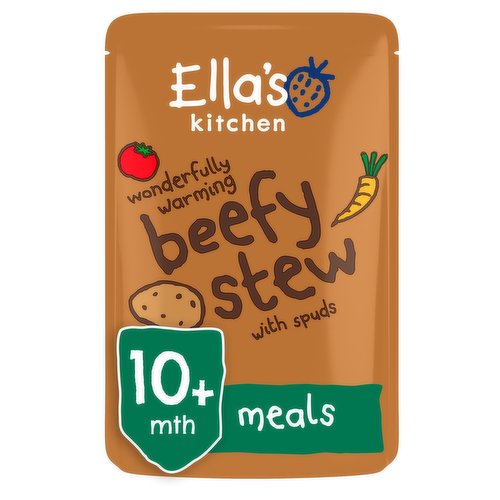 <b>Further Description</b><br/>P.S. let's be friends<br/>
Sign up at ellaskitchen.co.uk<br/><br/><b>Nutritional Claims</b><br/>No added sugar or salt<br/><br/><b>Features</b><br/>I'm organic<br/>Wonderfully warming<br/>Chunky + lumpy<br/>Marvellous meals<br/>No added sugar or salt<br/>No really big lumps and nothing artificial<br/>Just yummy organic food for growing babies<br/>I contain naturally occurring sugars<br/><br/><b>Lifestyle</b><br/>No Added Salt<br/>No Added Sugar<br/>Organic<br/><br/><b>Pack Size</b><br/>190g ℮<br/><br/><br/><b>Ingredients</b><br/>Organic Vegetable Stock 34% (Water and Organic Vegetables: Carrots, Parsnips, Leeks, Onions and Swedes)<br/>Organic Potatoes 22%<br/>Organic Carrots 22%<br/>Organic Beef 11%<br/>Organic Tomatoes 5%<br/>Organic Parsnips 4%<br/>Organic Cornflour 1%<br/>Organic Mixed Herbs <1% (Thyme, Parsley, Marjoram, Basil, Rosemary)<br/>Organic Peppercorns <1%<br/>Other Stuff 0%<br/><br/><b>Lower Age Limit</b><br/>Advisory - Months - 10<br/><br/><b>Safety Warning</b><br/>Warning: If I am damaged or look inflated with air, do not feed me to your baby and return the damaged pouch to us.<br/><br/><b>Storage Type</b><br/>Ambient<br/><br/><b>Storage</b><br/>Keep me in a cupboard. Once opened, I can be kept in the fridge for up to 24 hours. Do not reheat me.<br/><br/><b>Preparation and Usage</b><br/>Using me: To warm me, simply tear off the top of my pouch, stand me in hot water or squeeze me into a saucepan. You can also microwave me - pop me in standing up and whizz me around until warm. Always be careful, hot food can burn. Always test my temperature before feeding me to your baby.<br/><br/>Country of Origin - Produce of the EU<br/><br/><b>Origin</b><br/>I'm produced in the EU<br/><br/><b>Company Name</b><br/>Ella's Kitchen<br/><br/><b>Company Address</b><br/>RG9 4QG,<br/>
UK.<br/><br/><b>Telephone Helpline</b><br/>+44 (0)330 016 5221<br/><br/><b>Return To</b><br/>Call us on +44 (0)330 016 5221<br/>
Freepost Ella's Kitchen<br/>
Ella's Kitchen,<br/>
RG9 4QG,<br/>
UK.<br/>
