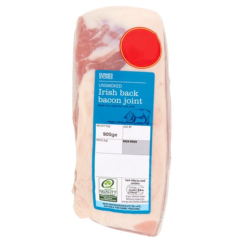 Unsmoked Irish Back Bacon Joint with Added Water<br/><br/><b>Features</b><br/>Made from selected Irish pork<br/><br/><b>Pack Size</b><br/>900g ℮<br/><br/><br/><b>Ingredients</b><br/>Irish Pork (87%)<br/>Water<br/>Salt<br/>Preservative: Sodium Nitrite<br/><br/><b>Safety Warning</b><br/>CAUTION<br/>
Whilst every effort has been made to remove all bones, some may remain.<br/><br/><b>Storage Type</b><br/>Chilled<br/><br/><b>Storage and Usage Statements</b><br/>Suitable for Home Freezing<br/>Cannot be Microwaved<br/>Keep Refrigerated<br/><br/><b>Storage</b><br/>Keep refrigerated 0°C to +4°C.<br/>
Consume within 24 hours of opening and by 'use by' date.<br/>
Suitable for home freezing.<br/>
If freezing, freeze on the day of purchase and consume within 1 month.<br/>
Defrost thoroughly in refrigerator before cooking and use within 24 hours.<br/>
Once thawed do not refreeze.<br/>
For 'use by' date and weight, see front of pack.<br/><br/><b>Storage Conditions</b><br/>Min Temp °C 0<br/>Max Temp °C 4<br/><br/><b>Cooking Guidelines</b><br/>Oven cook - From Chilled - Raw meat products may contain bacteria that could potentially cause illness if mishandled or cooked incorrectly. Keep raw and cooked products separate. Cooking times will vary with appliances, the following are guidelines only. Not suitable for microwave cooking. Remove all packaging.<br/>
190°C/375°F/Gas Mark 5 Fan Assisted Oven 170°C<br/>
30 mins. per 500g plus 30 mins. extra<br/>
Preheat oven to required temperature shown above.<br/>
Place joint on a baking tray and cover loosely with tin foil.<br/>
Place joint on the middle shelf of the oven and cook for time indicated, removing the tin foil for the last 30 minutes of cooking.<br/>
Allow the joint to rest for 10 minutes before carving. Always check the product is piping hot throughout before serving. Do not reheat once cooked.<br/><br/><b>Origin</b><br/>Produced and Packed in Co. Tyrone, Northern Ireland<br/><br/><b>Company Name</b><br/>Dunnes Stores / Dunnes Stores (Bangor) Ltd.<br/><br/><b>Company Address</b><br/>Dunnes Stores,<br/>
46-50 South Great George's Street,<br/>
Dublin 2.<br/>
<br/>
Dunnes Stores (Bangor) Ltd.,<br/>
28 Hill Street,<br/>
Newry,<br/>
Co. Down,<br/>
BT34 1AR.<br/><br/><b>Return To</b><br/>Dunnes Stores,<br/>
46-50 South Great George's Street,<br/>
Dublin 2.<br/>
<br/>
Dunnes Stores (Bangor) Ltd.,<br/>
28 Hill Street,<br/>
Newry,<br/>
Co. Down,<br/>
BT34 1AR.<br/>