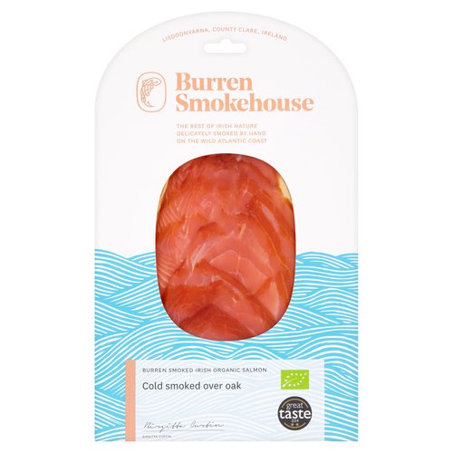 Cold smoked organic salmon Sliced pack<br/><br/><b>Further Description</b><br/>Find out more about us online www.burrensmokehouse.ie<br/><br/><b>Features</b><br/>Organic<br/>Great taste 2014<br/>Member Good Food Ireland<br/>Great taste awards<br/>Small batch<br/>Hand crafted<br/>Quality guaranteed<br/>Irish Quality Food Awards 2014 - Winner<br/>Recommended by John & Sally McKenna's Bridgestone Guide - Best in Ireland<br/>This product contains no artificial additives, preservatives or colourings<br/>Kosher - KLBD fish<br/><br/><b>Lifestyle</b><br/>Organic<br/><br/><b>Pack Size</b><br/>180g ℮<br/><br/><br/><b>Ingredients</b><br/>Organically Grown Irish Farmed Salmon (Salmo Salar) (<span style='font-weight: bold;'>Fish</span>)<br/>Sea Salt<br/>Natural Oak Smoke<br/><br/><b>Allergy Advice</b><br/>For allergens see ingredients in bold<br/><br/><br/><b>Safety Warning</b><br/>CAUTION<br/>
Whilst every effort has been made to remove all bones, some may still remain.<br/><br/><b>Storage Type</b><br/>Chilled<br/><br/><b>Storage and Usage Statements</b><br/>Suitable for Home Freezing<br/>Keep Refrigerated<br/><br/><b>Storage</b><br/>Keep refrigerated between 0°c and 4°c. Use within 2 days of opening.<br/>
Suitable for home freezing<br/>
If freezing defrost thoroughly before use. Do not refreeze once thawed.<br/>
For "use by" see label.<br/><br/><b>Storage Conditions</b><br/>Min Temp °C 0<br/>Max Temp °C 4<br/><br/><b>Preparation and Usage</b><br/>For best results open a half hour before serving to allow the salmon to reach room temperature.<br/><br/><b>Company Name</b><br/>Burren Smokehouse Ltd.<br/><br/><b>Company Address</b><br/>Lisdoonvarna,<br/>
Co. Clare,<br/>
Ireland.<br/><br/><b>Telephone Helpline</b><br/>+353 (0) 65 707 4432<br/><br/><b>Return To</b><br/>Burren Smokehouse Ltd.,<br/>
Lisdoonvarna,<br/>
Co. Clare,<br/>
Ireland.<br/>
Tel: +353 (0) 65 707 4432<br/>
Fax: +353 (0) 65 707 4303<br/>
Email: info@burrensmokehouse.ie<br/>