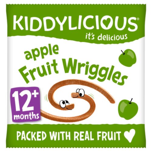 Apples and apple juice concentrate puréed and made into wriggly fruit snacks<br/><br/><b>Further Description</b><br/>Visit kiddylicious.com for more information and to view our full snacks/meals range<br/><br/><b>Nutritional Claims</b><br/>No added salt<br/><br/><b>Features</b><br/>Apples and concentrated apple juice puréed and made into wriggly fruit snacks<br/>1 of 5 a day, packed with real fruit<br/>Perfect finger food for toddlers<br/>Portions sized packs to enjoy in between meals, at home or on the go<br/>Suitable for 12months+<br/>No milk, no nuts, no egg and no added salt<br/>Gluten free<br/>No artificial flavours, colours or added preservatives<br/>Suitable for milk intolerant, vegetarians and coeliacs<br/><br/><b>Lifestyle</b><br/>Gluten free<br/>No Added Salt<br/>Suitable for Coeliacs<br/>Suitable for Vegetarians<br/><br/><b>Pack Size</b><br/>12g ℮<br/><br/><br/><b>Ingredients</b><br/>98% Fruit (Apple Purée Concentrate, Apple Juice Concentrate)<br/>Gelling Agent: Pectin<br/>Citrus Fibre<br/>An average of 714g of Apples have been used to prepare 100g of Apple Fruit Wriggles<br/><br/><b>Lower Age Limit</b><br/>Advisory - Months - 12<br/><br/><b>Safety Warning</b><br/>KIDDY CARE: Kiddylicious Fruit Wriggles are specifically developed for children from 12 months. Always supervise young children whilst they're enjoying them.<br/><br/><b>Storage Type</b><br/>Ambient<br/><br/><b>Storage</b><br/>Store in a cool dry place.<br/><br/>Country of Origin - Produce of the EU<br/><br/><b>Origin</b><br/>Lovingly made in the EU<br/><br/><b>Company Name</b><br/>The Kids Food Company Ltd.<br/><br/><b>Company Address</b><br/>PO Box 926,<br/>
Amersham,<br/>
HP6 9JL,<br/>
UK.<br/><br/><b>Web Address</b><br/>kiddylicious.com<br/><br/><b>Return To</b><br/>The Kids Food Company Ltd.,<br/>
PO Box 926,<br/>
Amersham,<br/>
HP6 9JL,<br/>
UK.<br/>
kiddylicious.com<br/>