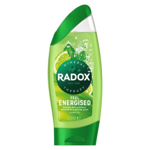 <b>Features</b><br/>RADOX Mineral Therapy Feel Energised Shower Gel provides a refreshing shower experience that revives your senses<br/>Our energising shower gel for women is made with a unique blend of herbs and minerals which activates with hot water to cleanse and revive you<br/>Infused with the refreshing scent of peppermint mixed with the citrusy tang of keylime, RADOX Feel Energised shower gel leaves your skin feeling refreshed and cleansed<br/>Our invigorating shower gel is suitable for daily use, simply squeeze it out, lather on body and indulge in an uplifting shower experience<br/>Our refreshing body wash is pH neutral and suitable for all skin types<br/>RADOX shower gel rinses off easily, leaving your skin feeling fresh and clean<br/><br/><b>Pack Size</b><br/>250millilitre ℮<br/><br/><br/><b>Ingredients</b><br/>Aqua, Sodium Laureth Sulfate, Sodium Chloride, Cocamidopropyl Betaine, Parfum, Glycerin, Sodium Benzoate, Citric Acid, Sodium Lactate, Tetrasodium EDTA, Maris Sal, Calcium Chloride, Magnesium Sulfate, Geraniol, Limonene, Linalool, CI 19140, CI 42090<br/><br/><b>Safety Warning</b><br/>CAUTION: Avoid contact with eyes. If eye contact occurs, rinse well with water. If rash or irritation occurs, discontinue use.Shower Gel & Body and Face Wash & Body Scrubs Avoid contact with eyes. If contact occurs, rinse thoroughly with water..<br/><br/><b>Storage Type</b><br/>Ambient<br/><br/><b>Storage</b><br/>null<br/><br/><b>Preparation and Usage</b><br/>None declared<br/><br/>Country of Origin - United Kingdom<br/><br/><b>Origin</b><br/>United Kingdom<br/><br/>