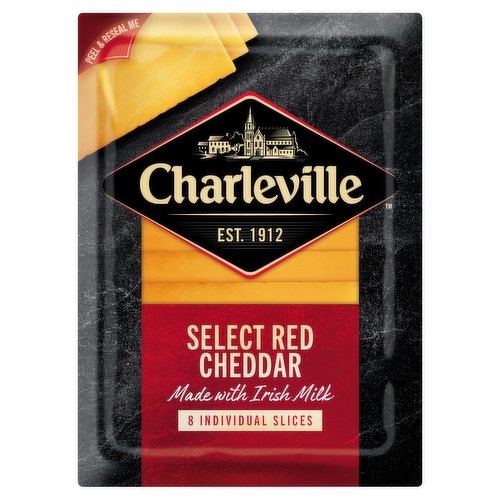 Sliced Red Cheddar<br/><br/><b>Features</b><br/>Made with Irish milk<br/>Gluten free<br/>Suitable for vegetarians<br/><br/><b>Lifestyle</b><br/>Gluten free<br/>Suitable for Vegetarians<br/><br/><b>Pack Size</b><br/>160g ℮<br/><br/><b>Usage Other Text</b><br/>This pack contains 8 servings<br/><br/><b>Usage Count</b><br/>Number of uses - Servings - 8<br/><br/><b>Recycling Info</b><br/>Film - Don't Recycle<br/>Tray - Recycle<br/><br/><br/><b>Ingredients</b><br/><span style='font-weight: bold;'>Cheese</span> made from Pasteurised Cows' <span style='font-weight: bold;'>Milk</span><br/>Colour: Annatto Norbixin<br/><br/><b>Allergy Advice</b><br/>For allergens, see ingredients in <span style='font-weight: bold;'>bold</span>.<br/><br/><br/><b>Storage Type</b><br/>Chilled<br/><br/><b>Storage and Usage Statements</b><br/>Keep Refrigerated<br/><br/><b>Storage</b><br/>Keep It Fresh<br/>
To enjoy your Charleville Cheese at its best, always keep refrigerated and use within 3 days of opening.<br/><br/>Packed In - Northern Ireland<br/>Primary Ingredient Country of Origin - Ireland<br/><br/><b>Origin</b><br/>Cheese sourced from Ireland and packed in Northern Ireland<br/><br/><b>Company Name</b><br/>Kerry EMEA<br/><br/><b>Company Address</b><br/>Naas,<br/>
Co. Kildare,<br/>
W91 W923.<br/><br/><b>Durability after Opening</b><br/>Consume Within - Days - 3<br/><br/><b>Telephone Helpline</b><br/>1800 924 632<br/><br/><b>Return To</b><br/>Don't Be a Stranger<br/>
Kerry EMEA,<br/>
Naas,<br/>
Co. Kildare,<br/>
W91 W923.<br/>
Customer Careline: ROI 1800 924 632<br/>