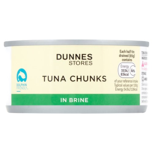 Tuna Chunks in Brine<br/><br/><b>Nutritional Claims</b><br/>High in protein<br/><br/><b>Features</b><br/>High in protein<br/><br/><b>Pack Size</b><br/>185g ℮<br/><br/><b>Usage Other Text</b><br/>Number of servings per pack: 2<br/><br/><b>Usage Count</b><br/>Number of uses - Servings - 2<br/><br/><br/><b>Ingredients</b><br/>Skipjack Tuna (<span style='font-weight: bold;'>Fish</span>)<br/>Water<br/>Salt<br/><br/><b>Allergy Advice</b><br/>For allergens, see ingredients in <span style='font-weight: bold;'>bold</span><br/><br/><br/><b>Safety Warning</b><br/>CAUTION<br/>
Whilst every effort has been made to remove all bones, some may remain.<br/><br/><b>Storage Type</b><br/>Ambient<br/><br/><b>Storage</b><br/>Store in a cool dry place.<br/>
Once opened, store in an airtight container, keep refrigerated and consume within 48 hours.<br/>
For 'best before end' date, see base of tin.<br/><br/>Country of Origin - Thailand<br/>Packed In - Thailand<br/><br/><b>Origin</b><br/>Produced and Packed in Thailand<br/><br/><b>Company Name</b><br/>Dunnes Stores / Dunnes Stores (Bangor) Ltd.<br/><br/><b>Company Address</b><br/>Dunnes Stores,<br/>
46-50 South Great George's Street,<br/>
Dublin 2.<br/>
<br/>
Dunnes Stores (Bangor) Ltd.,<br/>
28 Hill Street,<br/>
Newry,<br/>
Co. Down,<br/>
BT34 1AR.<br/><br/><b>Return To</b><br/>Dunnes Stores,<br/>
46-50 South Great George's Street,<br/>
Dublin 2.<br/>
<br/>
Dunnes Stores (Bangor) Ltd.,<br/>
28 Hill Street,<br/>
Newry,<br/>
Co. Down,<br/>
BT34 1AR.<br/>