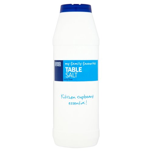 Table Salt<br/><br/><b>Features</b><br/>Easy flow<br/>Kitchen cupboard essential!<br/><br/><b>Pack Size</b><br/>750g ℮<br/><br/><br/><b>Ingredients</b><br/>Salt<br/>Anti-Caking Agent: Sodium Hexacyanoferrate II<br/><br/><b>Storage Type</b><br/>Ambient<br/><br/><b>Storage</b><br/>Store in a cool dry place.<br/>
Once opened, store in an airtight container.<br/><br/>Country of Origin - United Kingdom<br/>Packed In - United Kingdom<br/><br/><b>Origin</b><br/>Produced and Packed in the UK<br/><br/><b>Company Name</b><br/>Dunnes Stores / Dunnes Stores (Bangor) Ltd.<br/><br/><b>Company Address</b><br/>Dunnes Stores,<br/>
46-50 South Great George's Street,<br/>
Dublin 2.<br/>
<br/>
Dunnes Stores (Bangor) Ltd.,<br/>
28 Hill Street,<br/>
Newry,<br/>
Co. Down,<br/>
BT34 1AR.<br/><br/><b>Return To</b><br/>Quality Guarantee<br/>
Dunnes Stores is a brand of quality and better value since 1944. If you try and are not entirely satisfied with this Dunnes Stores product, please return the item with the original packaging and receipt to the store and we will be happy to replace or refund if for you.<br/>
This does not affect your statutory rights.<br/>
Dunnes Stores,<br/>
46-50 South Great George's Street,<br/>
Dublin 2.<br/>
<br/>
Dunnes Stores (Bangor) Ltd.,<br/>
28 Hill Street,<br/>
Newry,<br/>
Co. Down,<br/>
BT34 1AR.<br/><br/>