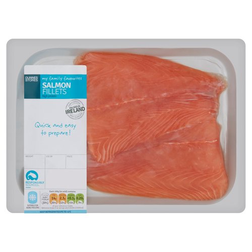 Salmon Fillets<br/><br/><b>Nutritional Claims</b><br/>High Protein<br/><br/><b>Features</b><br/>Always Supporting Irish Suppliers<br/>High Protein<br/>Quick and easy to prepare!<br/>Responsibly Sourced<br/><br/><b>Pack Size</b><br/>240g ℮<br/><br/><br/><b>Ingredients</b><br/>Salmon (100%) (<span style='font-weight: bold;'>Fish</span>)<br/><br/><b>Allergy Advice</b><br/>For allergens, see ingredients in bold. <br/><br/><br/><b>Safety Warning</b><br/>CAUTION<br/>
- Whilst every effort has been made to remove all bones, some may remain.<br/><br/><b>Storage Type</b><br/>Chilled<br/><br/><b>Storage and Usage Statements</b><br/>Suitable for Home Freezing<br/>Keep Refrigerated<br/><br/><b>Storage</b><br/>Keep Refrigerated 0°C to +4°C.<br/>
- Consume within 24 hours of opening and by 'use by' date.<br/>
- For 'use by' date, see front of pack.<br/>
- Suitable for home freezing.<br/>
- If freezing, freeze on the day of purchase and consume within 1 month.<br/>
- Defrost thoroughly in refrigerator before cooking and use within 24 hours.<br/>
- Once thawed do not refreeze.<br/>
- This product may have been previously frozen and defrosted to chill temperature under controlled conditions.<br/>
- Further freezing will not affect the quality.<br/><br/><b>Storage Conditions</b><br/>Min Temp °C 0<br/>Max Temp °C 4<br/><br/><b>Cooking Guidelines</b><br/>Cooking Instructions - General - Cooking times will vary with appliances, the following are guidelines only. Remove all Packaging.<br/>
Always Check the Product is Piping Hot Throughout Before Serving. Do not Reheat Once Cooked.<br/>Grill - From Chilled - Medium Heat 10-12 mins.<br/>
- Preheat grill to required temperature shown above.<br/>
- Place salmon under grill and cook for time indicated, turning halfway through cooking.<br/>Oven cook - From Chilled - 190°C/375°F/Gas Mark 5/Fan Assisted Oven 180°C 12-15 mins.<br/>
- Preheat oven to required temperature shown above.<br/>
- Wrap the salmon loosely in tin foil, place on a baking tray on the middle shelf of the oven and cooked for time indicated.<br/>Shallow Fry - From Chilled - Medium Heat 8-10 mins.<br/>
- Preheat a teaspoon (10ml) of oil in a pan over a medium heat.<br/>
- Place salmon in pan and cook gently for time indicated, turning halfway through cooking.<br/><br/>Packed In - Ireland<br/><br/><b>Origin</b><br/>Salmon (Salmo Salar) farmed in Scotland, Norway, Faroe Islands, Iceland, Chile<br/>Packed in Ireland<br/>Packed in Co. Cork<br/><br/><b>Company Name</b><br/>Dunnes Stores / Dunnes Stores (Bangor) Ltd.<br/><br/><b>Company Address</b><br/>Dunnes Stores,<br/>
46-50 South Great George's Street,<br/>
Dublin 2.<br/>
<br/>
Dunnes Stores (Bangor) Ltd.,<br/>
28 Hill Street,<br/>
Newry,<br/>
Co. Down,<br/>
BT34 1AR.<br/><br/><b>Return To</b><br/>Dunnes Stores,<br/>
46-50 South Great George's Street,<br/>
Dublin 2.<br/>
<br/>
Dunnes Stores (Bangor) Ltd.,<br/>
28 Hill Street,<br/>
Newry,<br/>
Co. Down,<br/>
BT34 1AR.<br/>
