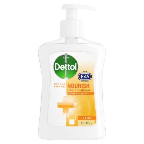 <b>Features</b><br/>With E45 Softness<br/>Moisture Enriched<br/>Dermatologically tested<br/>Suitable for everyday use<br/><br/><b>Pack Size</b><br/>250ml ℮<br/><br/><br/><b>Ingredients</b><br/>Aqua<br/>Ammonium Lauryl Sulfate<br/>Sodium Laureth Sulfate<br/>Glycerin<br/>Sodium Chloride<br/>Cocamide MEA<br/>Styrene/Acrylates Copolymer<br/>Citric Acid<br/>Parfum<br/>Salicylic Acid<br/>Butyrospermum Parkii Butter<br/>Tetrasodium EDTA<br/>Propanediol<br/>Honey Extract<br/>Magnesium Nitrate<br/>Methylchloroisothiazolinone<br/>Magnesium Chloride<br/>Methylisothiazolinone<br/>Sodium Ferrocyanide<br/><br/><b>Lower Age Limit</b><br/>Advisory - Years - 3<br/><br/><b>Safety Warning</b><br/>For external use only. Keep out of the reach of children unless under adult supervision.<br/>
Avoid contact with eyes. In case of contact with eyes, rinse immediately with plenty of water. If persistent irritation occurs, get medical attention. Store at room temperature.<br/>
Not to be used on children under 3 years of age.<br/><br/><b>Storage Type</b><br/>Ambient<br/><br/><b>Preparation and Usage</b><br/>Ensuring the cap is tight, turn the pump clockwise to open. Pump twice into your hands. Rub hands together for at least 30 seconds ensuring total coverage with lather, not forgetting nails and thumbs. Rinse well with water. Do NOT refill bottle without rinsing.<br/>
<br/>
Please recycle the bottle when empty, removing the pump.<br/><br/>Country of Origin - France<br/><br/><b>Origin</b><br/>Made in France<br/><br/><b>Company Name</b><br/>RB Healthcare UK<br/><br/><b>Company Address</b><br/>Dansom Lane,<br/>
Hull,<br/>
HU8 7DS,<br/>
UK.<br/><br/><b>Telephone Helpline</b><br/>UK: 0333 2005 345<br/>ROI: 01 630 5429<br/><br/><b>Web Address</b><br/>www.dettol.co.uk<br/>www.dettol.ie<br/><br/><b>Return To</b><br/>Dettol consumer services.<br/>
For help and advice contact us:<br/>
www.dettol.co.uk<br/>
www.dettol.ie<br/>
UK: 0333 2005 345<br/>
ROI: 01 630 5429<br/>
RB Healthcare UK,<br/>
Dansom Lane,<br/>
Hull,<br/>
HU8 7DS,<br/>
UK.<br/><br/>