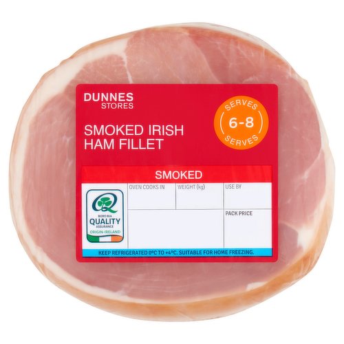 Smoked Irish Ham Fillet with Added Water<br/><br/><b>Features</b><br/>Made from selected Irish pork<br/><br/><b>Usage Count</b><br/>Number of uses - Servings - 6-8<br/><br/><br/><b>Ingredients</b><br/>Irish Pork Leg (87%)<br/>Water<br/>Salt<br/>Antioxidant: Sodium Ascorbate<br/>Preservatives: Potassium Nitrate, Sodium Nitrite<br/><br/><b>Safety Warning</b><br/>CAUTION<br/>
- Whilst every effort has been made to remove all bones, some may remain.<br/><br/><b>Storage Type</b><br/>Chilled<br/><br/><b>Storage and Usage Statements</b><br/>Suitable for Home Freezing<br/>Cannot be Microwaved<br/>Keep Refrigerated<br/><br/><b>Storage</b><br/>Keep refrigerated 0°C to +4°C.<br/>
- Consume within 24 hours of opening and by 'use by' date.<br/>
- For 'use by' date and weight, see front of pack.<br/>
- Suitable for home freezing.<br/>
- If freezing, freeze on the day of purchase and consume within 1 month.<br/>
- Defrost thoroughly in refrigerator before cooking and use within 24 hours.<br/>
- Once thawed do not refreeze.<br/><br/><b>Storage Conditions</b><br/>Min Temp °C 0<br/>Max Temp °C 4<br/><br/><b>Cooking Guidelines</b><br/>Cooking Instructions - General - Raw meat products may contain bacteria that could potentially cause illness if mishandled or cooked incorrectly. Keep raw and cooked products separate. Cooking times will vary with appliances, the following are guidelines only.<br/>
Not suitable for microwave cooking.<br/>
Remove all outer packaging but leave the casing on if boiling.<br/>
Allow the ham to rest for 10 minutes. Remove casing prior to carving. Always check the product is piping hot throughout before serving. Do not reheat once cooked.<br/>Hob - From Chilled - Medium Heat 25 mins. per 500g<br/>
- Place the ham in a saucepan of boiling water, return to the boil and simmer for time shown.<br/>
- Drain and serve.<br/>Oven cook - From Chilled - 190°C/375°F/Gas Mark 5, Fan Assisted Oven 170°C, 30 mins. per 500g plus 30 mins. extra<br/>
- Preheat oven to required temperature shown above.<br/>
- Remove the inner layer of casing from the ham.<br/>
- Place the ham in an oven proof dish, cover with tin foil, place on the middle shelf of the oven and cook for time indicated.<br/>
- Remove the tin foil for last 30 minutes of cooking.<br/><br/>Country of Origin - Ireland<br/><br/><b>Origin</b><br/>Produced and Packed in Co. Kilkenny<br/><br/><b>Company Name</b><br/>Dunnes Stores / Dunnes Stores (Bangor) Ltd.<br/><br/><b>Company Address</b><br/>Dunnes Stores,<br/>
46-50 South Great George's Street,<br/>
Dublin 2.<br/>
<br/>
Dunnes Stores (Bangor) Ltd.,<br/>
28 Hill Street,<br/>
Newry,<br/>
Co. Down,<br/>
BT34 1AR.<br/><br/><b>Return To</b><br/>Dunnes Stores,<br/>
46-50 South Great George's Street,<br/>
Dublin 2.<br/>
<br/>
Dunnes Stores (Bangor) Ltd.,<br/>
28 Hill Street,<br/>
Newry,<br/>
Co. Down,<br/>
BT34 1AR.<br/>