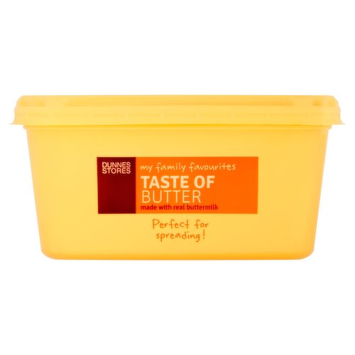 Vegetable Fat Spread (54%) with Buttermilk<br/><br/><b>Features</b><br/>Made with real buttermilk<br/>Perfect for spreading!<br/>Free from Hydrogenated Fat<br/>Free from Artificial Colours and Flavours<br/>Suitable for Vegetarians<br/><br/><b>Lifestyle</b><br/>Suitable for Vegetarians<br/><br/><b>Pack Size</b><br/>500g ℮<br/><br/><b>Usage Other Text</b><br/>Number of Servings Per Pack: 50<br/><br/><b>Usage Count</b><br/>Number of uses - Servings - 50<br/><br/><br/><b>Ingredients</b><br/>Vegetable Oils (Rapeseed Oil, Palm Oil)<br/>Water<br/>Reconstituted <span style='font-weight: bold;'>Buttermilk</span> (9%)<br/>Salt (1.3%)<br/>Emulsifier: Mono- and Di-Glycerides of Fatty Acids<br/>Preservative: Potassium Sorbate<br/>Flavouring (<span style='font-weight: bold;'>Milk</span>)<br/>Colours: Annatto Bixin, Curcumin<br/>Acidity Regulator: Lactic Acid<br/><br/><b>Allergy Advice</b><br/>For allergens, see ingredients in <span style='font-weight: bold;'>bold</span>.<br/><br/><br/><b>Storage Type</b><br/>Chilled<br/><br/><b>Storage and Usage Statements</b><br/>Suitable for Home Freezing<br/>Keep Refrigerated<br/><br/><b>Storage</b><br/>Keep Refrigerated 0°C to +4°C.<br/>
Suitable for home freezing. If freezing, freeze on the day of purchase and consume within 1 month. Once opened consume within 1 month. For 'best before' date, see lid.<br/><br/><b>Storage Conditions</b><br/>Min Temp °C 0<br/>Max Temp °C 4<br/><br/><b>Origin</b><br/>Packed in Co. Cork<br/><br/><b>Company Name</b><br/>Dunnes Stores<br/><br/><b>Company Address</b><br/>46-50 South Great George's Street,<br/>
Dublin 2.<br/>
<br/>
Store 3,<br/>
Forestside S.C.,<br/>
Upr. Galwally Rd.,<br/>
Belfast,<br/>
BT8 6FX.<br/><br/><b>Durability after Opening</b><br/>Consume Within - Months - 1<br/><br/><b>Return To</b><br/>Quality Guarantee<br/>
If you are not satisfied with this product please return to store and we will be happy to replace or refund it for you. This does not affect your statutory rights.<br/>
Dunnes Stores,<br/>
46-50 South Great George's Street,<br/>
Dublin 2.<br/>
<br/>
Dunnes Stores,<br/>
Store 3,<br/>
Forestside S.C.,<br/>
Upr. Galwally Rd.,<br/>
Belfast,<br/>
BT8 6FX.<br/>