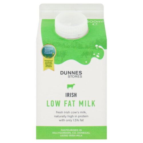 Pasteurised and Homogenised Irish Low Fat Milk<br/><br/><b>Features</b><br/>Pasteurised & homogenised<br/>A great choice for you!<br/>The National Dairy Council - farmed in the Republic of Ireland<br/><br/><b>Pack Size</b><br/>500ml ℮<br/><br/><br/><b>Ingredients</b><br/>Cow's <span style='font-weight: bold;'>Milk</span> (100%)<br/><br/><b>Allergy Advice</b><br/>For allergens, see ingredients in <span style='font-weight: bold;'>bold</span><br/><br/><br/><b>Storage Type</b><br/>Chilled<br/><br/><b>Storage and Usage Statements</b><br/>Keep Refrigerated<br/><br/><b>Storage</b><br/>Keep refrigerated 0°C to +4°C.<br/>
Consume within 3 days of opening.<br/>
For 'use by' date, see cap.<br/><br/><b>Storage Conditions</b><br/>Min Temp °C 0<br/>Max Temp °C 4<br/><br/><b>Origin</b><br/>Produced and Packed in Co. Donegal<br/><br/><b>Company Name</b><br/>Dunnes Stores / Dunnes Stores (Bangor) Ltd.<br/><br/><b>Company Address</b><br/>Dunnes Stores,<br/>
46-50 South Great George's Street,<br/>
Dublin 2.<br/>
<br/>
Dunnes Stores (Bangor) Ltd.,<br/>
28 Hill Street,<br/>
Newry,<br/>
Co. Down,<br/>
BT34 1AR.<br/><br/><b>Return To</b><br/>Dunnes Stores,<br/>
46-50 South Great George's Street,<br/>
Dublin 2.<br/>
<br/>
Dunnes Stores (Bangor) Ltd.,<br/>
28 Hill Street,<br/>
Newry,<br/>
Co. Down,<br/>
BT34 1AR.<br/>