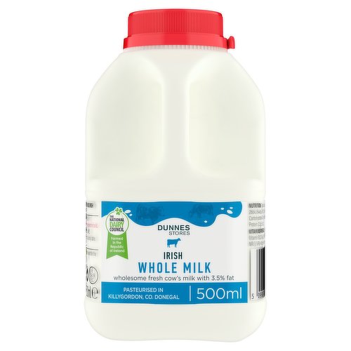 Pasteurised and Homogenised Whole Irish Cows' Milk<br/><br/><b>Nutritional Claims</b><br/>Source of Calcium<br/><br/><b>Pack Size</b><br/>500ml ℮<br/><br/><br/><b>Ingredients</b><br/>Irish <span style='font-weight: bold;'>Milk</span> (100%)<br/><br/><b>Allergy Advice</b><br/>For allergens, see ingredients in bold.<br/><br/><br/><b>Storage Type</b><br/>Chilled<br/><br/><b>Storage and Usage Statements</b><br/>Keep Refrigerated<br/><br/><b>Storage</b><br/>Keep refrigerated 0°C to +4°C.<br/>
Consume within 3 days of opening.<br/>
For 'use by' date, see cap.<br/><br/><b>Storage Conditions</b><br/>Min Temp °C 0<br/>Max Temp °C 4<br/><br/><b>Company Name</b><br/>Dunnes Stores<br/><br/><b>Company Address</b><br/>46-50 South Great George's Street,<br/>
Dublin 2.<br/>
<br/>
Store 3,<br/>
Forestside S.C.,<br/>
Upr Galwally Rd.,<br/>
Belfast,<br/>
BT8 6FX.<br/><br/><b>Durability after Opening</b><br/>Consume Within - Days - 3<br/><br/><b>Return To</b><br/>Dunnes Stores,<br/>
46-50 South Great George's Street,<br/>
Dublin 2.<br/>
<br/>
Dunnes Stores,<br/>
Store 3,<br/>
Forestside S.C.,<br/>
Upr Galwally Rd.,<br/>
Belfast,<br/>
BT8 6FX.<br/>