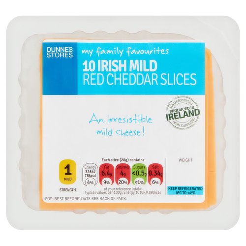 Irish Mild Red Cheddar Slices<br/><br/><b>Nutritional Claims</b><br/>High in Protein<br/><br/><b>Features</b><br/>An irresistible mild cheese!<br/>Always Supporting Irish Suppliers<br/>Strength - Mild - 1<br/>High in Protein<br/>Free from Artificial Colours and Flavours<br/>Suitable for Vegetarians<br/><br/><b>Lifestyle</b><br/>Suitable for Vegetarians<br/><br/><b>Pack Size</b><br/>200g ℮<br/><br/><b>Usage Other Text</b><br/>Number of Servings Per Pack: 10<br/><br/><b>Usage Count</b><br/>Number of uses - Servings - 10<br/><br/><b>Recycling Info</b><br/>Film - Plastic - Not Currently Recycled<br/><br/><br/><b>Ingredients</b><br/>Pasteurised <span style='font-weight: bold;'>Milk</span><br/>Salt<br/>Starter Culture<br/>Vegetarian Rennet<br/>Natural Colour: Annatto Norbixin<br/><br/><b>Allergy Advice</b><br/>For allergens, see ingredients in bold.<br/><br/><br/><b>Storage Type</b><br/>Chilled<br/><br/><b>Storage and Usage Statements</b><br/>Keep Refrigerated<br/><br/><b>Storage</b><br/>For 'Best Before' Date See Back of Pack.<br/>
Keep Refrigerated 0°C to +4°C.<br/>
Once opened consume within 4 days and by 'best before' date<br/><br/><b>Storage Conditions</b><br/>Min Temp °C 0<br/>Max Temp °C 4<br/><br/>Country of Origin - Ireland<br/><br/><b>Origin</b><br/>Produced in Ireland<br/>Packed in Co. Cork<br/><br/><b>Company Name</b><br/>Dunnes Stores<br/><br/><b>Company Address</b><br/>46-50 South Great George's Street,<br/>
Dublin 2.<br/>
<br/>
Store 3,<br/>
Forestside S.C.,<br/>
Upr. Galwally Rd.,<br/>
Belfast,<br/>
BT8 6FX.<br/><br/><b>Durability after Opening</b><br/>Consume Within - Days - 4<br/><br/><b>Return To</b><br/>Dunnes Stores,<br/>
46-50 South Great George's Street,<br/>
Dublin 2.<br/>
<br/>
Dunnes Stores,<br/>
Store 3,<br/>
Forestside S.C.,<br/>
Upr. Galwally Rd.,<br/>
Belfast,<br/>
BT8 6FX.<br/>