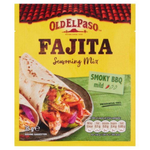 Seasoning Mix for Smoky BBQ Fajitas.<br/><br/><b>Further Description</b><br/>Find More Recipes Online: www.oldelpaso.co.uk<br/><br/><b>Features</b><br/>Chilli rating - mild - 1<br/>Preservative Free<br/>Suitable for Vegans<br/><br/><b>Lifestyle</b><br/>Suitable for Vegans<br/><br/><b>Pack Size</b><br/>35g ℮<br/><br/><b>Usage Other Text</b><br/>Contains at least 8 portions<br/><br/><b>Usage Count</b><br/>Number of uses - Servings - 8<br/><br/><br/><b>Ingredients</b><br/>Sugar<br/>Onion Powder (13%)<br/>Salt<br/>Hydrolysed <span style='font-weight: bold;'>Soy</span> Protein<br/>Spices (Black Pepper, Cayenne Pepper, Ginger) (6%)<br/>Acidity Regulator (Citric Acid)<br/>Flavouring<br/>Smoke Flavouring<br/>Natural Flavouring<br/>Yeast Extract<br/>Colour (Plain Caramel)<br/>Garlic Powder<br/>Anti-Caking Agent (Tricalcium Phosphate)<br/><br/><b>Allergy Advice</b><br/>For allergens, see ingredients in <span style='font-weight: bold;'>bold</span>.<br/><br/><br/><b>Storage Type</b><br/>Ambient<br/><br/><b>Storage</b><br/>Store in a cool, dry place.<br/><br/><b>Company Name</b><br/>General Mills UK<br/><br/><b>Company Address</b><br/>P.O. Box 363,<br/>
Uxbridge,<br/>
Middlesex,<br/>
UB8 1YT.<br/>
UK.<br/><br/><b>Telephone Helpline</b><br/>0800 591 223 (UK)<br/>1800 535 115 (ROI)<br/><br/><b>Web Address</b><br/>www.oldelpaso.co.uk<br/><br/><b>Return To</b><br/>For any queries or advice on our products, you can contact us on:<br/>
0800 591 223 (UK)<br/>
1800 535 115 (ROI)<br/>
www.oldelpaso.co.uk<br/>
General Mills UK,<br/>
P.O. Box 363,<br/>
Uxbridge,<br/>
Middlesex,<br/>
UB8 1YT.<br/>
UK.<br/>
<br/>