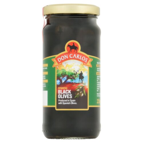 Plain Black Pitted Olives<br/><br/><b>Features</b><br/>Finest foods from Spain<br/><br/><b>Pack Size</b><br/>230g ℮<br/><br/><br/><b>Ingredients</b><br/>Water<br/>Spanish Olives<br/>Salt<br/>Stabiliser: Ferrous Gluconate<br/><br/><b>Safety Warning</b><br/>CAUTION: Although every care has been taken to remove olive stones, some may remain.<br/><br/><b>Storage Type</b><br/>Ambient<br/><br/><b>Storage</b><br/>Store in a cool dry place. Once opened, refrigerate and consume within 7 days.<br/>
Best Before: See side of lid.<br/><br/><b>Preparation and Usage</b><br/>Serving Suggestions<br/>
Toss into salads, simmer in stews or simply enjoy on their own.<br/><br/>Country of Origin - Spain<br/><br/><b>Origin</b><br/>Product of Spain<br/><br/><b>Return To</b><br/>Hacienda Don Carlos,<br/>
Coimbra 36 7º A,<br/>
41006 Sevilla,<br/>
España (Spain).<br/>