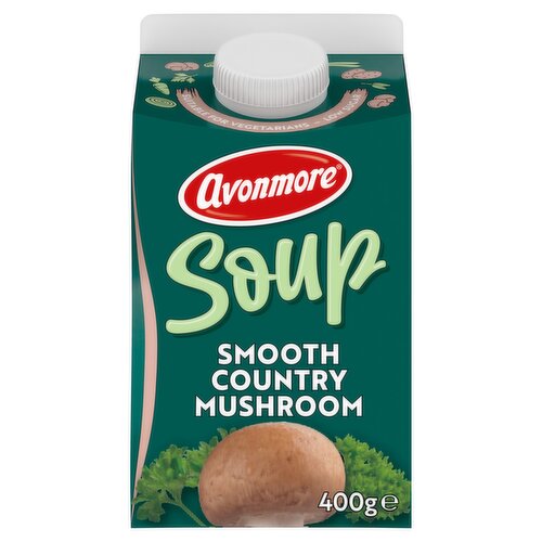 Smooth Country Mushroom Soup<br/><br/><b>Features</b><br/>Smooth and Tasty<br/>Packed with Real Heart Warming Goodness<br/>Microwave in Carton<br/>No artificial colours or preservatives<br/>Suitable for vegetarians<br/><br/><b>Lifestyle</b><br/>Suitable for Vegetarians<br/><br/><b>Pack Size</b><br/>400g ℮<br/><br/><b>Usage Other Text</b><br/>This pack contains 2 x 200g servings<br/><br/><b>Usage Count</b><br/>Number of uses - Servings - 2<br/><br/><br/><b>Ingredients</b><br/>Water<br/>Mushrooms (15%)<br/>Onion<br/><span style='font-weight: bold;text-decoration: underline;'>Cream</span><br/><span style='font-weight: bold;text-decoration: underline;'>Butter</span><br/><span style='font-weight: bold;text-decoration: underline;'>Wheat</span> Flour<br/>Modified Maize Starch<br/>Skim <span style='font-weight: bold;text-decoration: underline;'>Milk</span> Powder<br/>Salt<br/>Vegetable Stock (Yeast Extract, Rice Flour, Sunflower Oil, <span style='font-weight: bold;text-decoration: underline;'>Celery</span>, Carrots, Turmeric, Parsley)<br/>Dried Mushroom<br/>Mushroom Juice Concentrate (Mushroom Juice Concentrate, Sunflower Oil)<br/>Black Pepper<br/><br/><b>Allergy Advice</b><br/>For allergens see <span style='font-weight: bold;text-decoration: underline;'>highlighted</span> ingredients.<br/><br/><br/><b>Storage Type</b><br/>Chilled<br/><br/><b>Storage and Usage Statements</b><br/>Suitable for Home Freezing<br/>Keep Refrigerated<br/><br/><b>Storage</b><br/>Keep refrigerated between 0°C to +5°C.<br/>
Consume within 2 days of opening.<br/>
Home Freezing: Freeze on day of purchase and use within one month. Defrost thoroughly before heating.<br/>
Suitable for home freezing<br/><br/><b>Storage Conditions</b><br/>Min Temp °C 0<br/>Max Temp °C 5<br/><br/><b>Cooking Guidelines</b><br/>Cooking Instructions - General - Preparing your Soup<br/>
All appliances vary, these instructions are just a guide.<br/>
"Shake Gently Before Opening"<br/>
Container Will Be Hot - Handle with Care!<br/>Hob - From Chilled - Remove the easy pour cap and empty the soup into a saucepan. Gently heat the soup through for 4 minutes until piping hot, stirring occasionally.<br/>Microwave - From Chilled - Open & remove the easy pour cap.<br/>
Heat on full power following your microwave manufacturer's instructions.<br/>
Guidelines below:<br/>
750W - 5 minutes<br/>
900W - 4 minutes<br/>
Adjust times according to your microwave's output.<br/><br/><b>Company Name</b><br/>Glanbia Consumer Foods / Glanbia Foods (NI)<br/><br/><b>Company Address</b><br/>Glanbia Consumer Foods,<br/>
Citywest,<br/>
Dublin 24.<br/>
<br/>
Glanbia Foods (NI),<br/>
202 City Business Park,<br/>
Dunmurry,<br/>
Belfast,<br/>
BT17 9HY.<br/><br/><b>Telephone Helpline</b><br/>1850 202 366<br/>0845 6004567<br/><br/><b>Return To</b><br/>Glanbia Consumer Foods,<br/>
Citywest,<br/>
Dublin 24.<br/>
Tel: 1850 202 366<br/>
Email: freshsoup@avonmore.ie<br/>
<br/>
Glanbia Foods (NI),<br/>
202 City Business Park,<br/>
Dunmurry,<br/>
Belfast,<br/>
BT17 9HY.<br/>
Tel: 0845 6004567<br/>