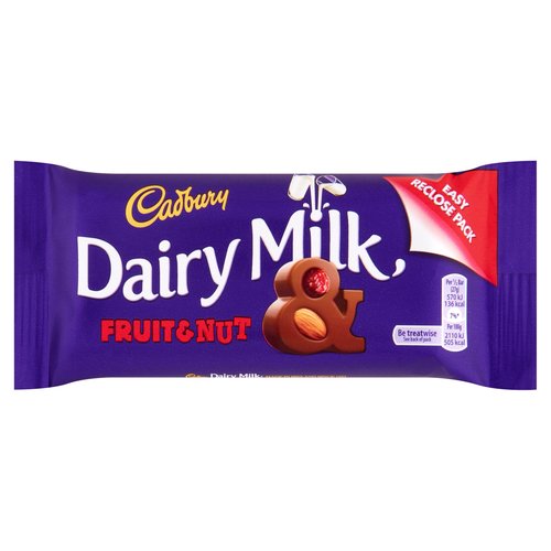 Milk chocolate with dried grapes (14%) and almonds (7%).<br/><br/><b>Features</b><br/>Suitable for vegetarians<br/><br/><b>Lifestyle</b><br/>Suitable for Vegetarians<br/><br/><b>Pack Size</b><br/>54g ℮<br/><br/><b>Usage Other Text</b><br/>2 x 27g servings per bar<br/><br/><b>Usage Count</b><br/>Number of uses - Servings - 2<br/><br/><br/><b>Ingredients</b><br/><span style='font-weight: bold;'>Milk</span>**<br/>Sugar<br/>Dried Grapes<br/>Cocoa Butter<br/>Cocoa Mass<br/><span style='font-weight: bold;'>Almonds</span><br/>Vegetable Fats (Palm, Shea)<br/>Emulsifiers (E442, E476)<br/>Flavourings<br/>**The equivalent of 426ml of Fresh Liquid Milk in every 227g of Milk Chocolate<br/>Milk Chocolate: Milk Solids 20% minimum, actual 23%<br/>Cocoa Solids 20% minimum<br/>Contains Vegetable Fats in addition to Cocoa Butter<br/><br/><b>Allergy Text</b><br/>May contain other Nuts, Wheat<br/><br/><br/><b>Storage Type</b><br/>Ambient<br/><br/><b>Storage</b><br/>Store in a cool, dry place<br/><br/><b>Company Name</b><br/>Mondelez Ireland<br/><br/><b>Company Address</b><br/>Malahide Road,<br/>
Coolock,<br/>
Dublin 5.<br/><br/><b>Telephone Helpline</b><br/>1-800 678708<br/><br/><b>Web Address</b><br/>www.cadbury.ie<br/><br/><b>Return To</b><br/>We are passionate about our great quality Cadbury products.<br/>
Not completely satisfied? Please contact us:<br/>
Mondelez Ireland,<br/>
Malahide Road,<br/>
Coolock,<br/>
Dublin 5.<br/>
Freephone 1-800 678708<br/>
www.cadbury.ie<br/>