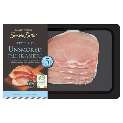 Dry Cured Unsmoked Irish Rashers<br/><br/><b>Features</b><br/>5 thick cut rashers<br/>Great taste 2018<br/><br/><b>Pack Size</b><br/>250g ℮<br/><br/><b>Usage Other Text</b><br/>Number of servings per pack: 5<br/><br/><b>Usage Count</b><br/>Number of uses - Servings - 5<br/><br/><br/><b>Ingredients</b><br/>Irish Pork Loin (97%)<br/>Salt<br/>Sugar<br/>Antioxidant: Sodium Ascorbate<br/>Preservatives: Sodium Nitrite, Potassium Nitrate<br/><br/><b>Safety Warning</b><br/>CAUTION<br/>
This product is raw and must be cooked.<br/>
Whilst every effort has been made to remove all bones, some may remain.<br/>
FOOD SAFETY TIP: Wash all surfaces, utensils and hands after contact with raw meat. Keep all raw and cooked products separate.<br/><br/><b>Storage Type</b><br/>Chilled<br/><br/><b>Storage and Usage Statements</b><br/>Suitable for Home Freezing<br/>Keep Refrigerated<br/><br/><b>Storage</b><br/>Keep refrigerated 0°C to +4°C.<br/>
Consume within 48 hours of opening and by 'use by' date.<br/>
Suitable for home freezing.<br/>
If freezing, freeze on the day of purchase and consume within 1 month.<br/>
Defrost thoroughly in refrigerator before cooking and use within 24 hours.<br/>
Once thawed do not refreeze.<br/>
For 'use by' date, see back of pack.<br/><br/><b>Storage Conditions</b><br/>Min Temp °C 0<br/>Max Temp °C 4<br/><br/><b>Cooking Guidelines</b><br/>Cooking Instructions - General - Cooking times will vary with appliances, the following are guidelines only. Remove all packaging.<br/>
Ensure product is piping hot throughout. Do not reheat.<br/>Grill - From Chilled - 5-7 mins.<br/>
Preheat grill to a medium temperature. Place rashers under grill and cook for time indicated, turning halfway through cooking.<br/>Shallow Fry - From Chilled - 5-7 mins.<br/>
Preheat 5ml of oil in a pan over a medium heat. Place rashers in pan and cook gently for time indicated, turning halfway through cooking<br/><br/>Country of Origin - Ireland<br/><br/><b>Origin</b><br/>Produced and packed in Co. Kilkenny<br/><br/><b>Company Name</b><br/>Dunnes Stores<br/><br/><b>Company Address</b><br/>46-50 South Great George's Street,<br/>
Dublin 2.<br/>
<br/>
Store 3,<br/>
Forestside S.C.,<br/>
Upr. Galwally Rd.,<br/>
Belfast,<br/>
BT8 6FX.<br/><br/><b>Return To</b><br/>Dunnes Stores,<br/>
46-50 South Great George's Street,<br/>
Dublin 2.<br/>
<br/>
Dunnes Stores,<br/>
Store 3,<br/>
Forestside S.C.,<br/>
Upr. Galwally Rd.,<br/>
Belfast,<br/>
BT8 6FX.<br/>