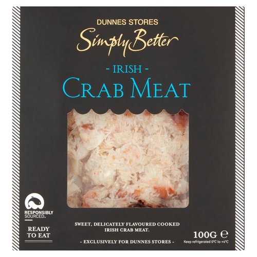Defrosted Irish Crab Meat<br/><br/><b>Features</b><br/>Responsibly sourced<br/>Ready to eat<br/>Sweet, delicately flavoured cooked Irish crab meat<br/><br/><b>Pack Size</b><br/>100g ℮<br/><br/><br/><b>Ingredients</b><br/>Irish Crab Meat (<span style='font-weight: bold;'>Crustaceans</span>) (100%)<br/><br/><b>Allergy Advice</b><br/>For allergens, see ingredients in <span style='font-weight: bold;'>bold</span><br/><br/><br/><b>Safety Warning</b><br/>CAUTION<br/>
Whilst every effort has been made to remove all shell, some may remain.<br/><br/><b>Storage Type</b><br/>Chilled<br/><br/><b>Storage and Usage Statements</b><br/>Not Suitable for Home Freezing<br/>Keep Refrigerated<br/>Ready to Eat<br/><br/><b>Storage</b><br/>Keep refrigerated 0ºC to + 4ºC.<br/>
Consume within 24 hours of opening and by 'use by' date.<br/>
This product has been previously frozen, defrosted to chill temperature under controlled conditions and is not suitable for home freezing.<br/><br/><b>Storage Conditions</b><br/>Min Temp °C 0<br/>Max Temp °C 4<br/><br/><b>Preparation and Usage</b><br/>Serving Suggestion<br/>
This product is cooked and ready for you to enjoy, no further cooking is required.<br/>
Mix the crab meat with some mayonnaise and a squeeze of lemon juice, season with sea salt and cracked black pepper, garnish with dill and enjoy with a fresh green salad and some buttermilk soda bread.<br/><br/><b>Origin</b><br/>Irish Crab (Cancer pagurus) caught in the North East Atlantic<br/>Produced and packed in Co. Cork<br/><br/><b>Company Name</b><br/>Dunnes Stores / Dunnes Stores (Bangor) Ltd.<br/><br/><b>Company Address</b><br/>Dunnes Stores,<br/>
46-50 South Great George's Street,<br/>
Dublin 2.<br/>
<br/>
Dunnes Stores (Bangor) Ltd.,<br/>
28 Hill Street,<br/>
Newry,<br/>
Co. Down,<br/>
BT34 1AR.<br/><br/><b>Return To</b><br/>Our Quality Guarantee<br/>
Dunnes Stores is a brand of quality and better value since 1944. If you try and are not entirely satisfied with this Dunnes Stores product, please return the item with the original packaging and receipt to the store and we will be happy to replace or refund it for you. This does not affect your statutory rights.<br/>
Dunnes Stores,<br/>
46-50 South Great George's Street,<br/>
Dublin 2.<br/>
<br/>
Dunnes Stores (Bangor) Ltd.,<br/>
28 Hill Street,<br/>
Newry,<br/>
Co. Down,<br/>
BT34 1AR.<br/>