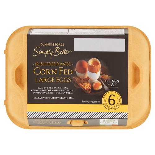 Irish free range corn fed Omega 3 enriched large eggs. Class A.<br/><br/><b>Nutritional Claims</b><br/>High in Omega 3<br/><br/><b>Features</b><br/>Omega 3 Enriched Eggs<br/>High in Omega 3<br/><br/><b>Usage Other Text</b><br/>Number of Servings Per Pack: 6<br/><br/><b>Usage Count</b><br/>Number of uses - Servings - 6<br/><br/><br/><b>Ingredients</b><br/>Corn Fed Irish Free Range <span style='font-weight: bold;'>Eggs</span> (100%)<br/><br/><b>Allergy Advice</b><br/>For allergens, see ingredients in bold.<br/><br/><br/><b>Allergy Text</b><br/>Contains Egg.<br/><br/><br/><b>Number of Units</b><br/>6<br/><br/><b>Safety Warning</b><br/>CAUTION<br/>
Do not use broken or damaged eggs.<br/><br/><b>Storage Type</b><br/>Ambient<br/><br/><b>Storage</b><br/>Keep Refrigerated 0°C to +4°C after purchase.<br/>
- Do not exceed 'best before' date.<br/>
- For 'best before' date, see lid of pack.<br/><br/>Country of Origin - Ireland<br/><br/><b>Origin</b><br/>Packed in Co. Monaghan<br/><br/><b>Company Name</b><br/>Dunnes Stores<br/><br/><b>Company Address</b><br/>46-50 South Great George's Street,<br/>
Dublin 2.<br/>
<br/>
Store 3,<br/>
Forestside S.C.,<br/>
Upr. Galwally Rd.,<br/>
Belfast,<br/>
BT8 6FX.<br/><br/><b>Return To</b><br/>Dunnes Stores,<br/>
46-50 South Great George's Street,<br/>
Dublin 2.<br/>
<br/>
Dunnes Stores,<br/>
Store 3,<br/>
Forestside S.C.,<br/>
Upr. Galwally Rd.,<br/>
Belfast,<br/>
BT8 6FX.<br/>