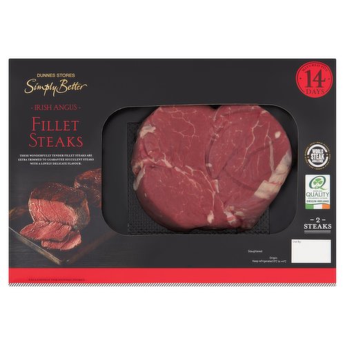 14 Day Matured Irish Angus Beef Fillet Steaks<br/><br/><b>Further Description</b><br/>DNA traceback®<br/>
...right back to the animals<br/><br/><b>Features</b><br/>Matured for 14 Days<br/>World Steak Challenge - Gold Winner 2019<br/><br/><b>Pack Size</b><br/>400g ℮<br/><br/><b>Recycling Info</b><br/>Film - Not Yet Recycled<br/>Sleeve - Widely Recycled<br/>Tray - Check Locally<br/><br/><b>Safety Warning</b><br/>CAUTION<br/>
- This product is raw and must be cooked.<br/>
- Whilst every effort has been made to remove all bones, some may remain.<br/>
- FOOD SAFETY TIP: Wash all surfaces, utensils and hands after contact with raw meat. Keep all raw and cooked products separate.<br/><br/><b>Storage Type</b><br/>Chilled<br/><br/><b>Storage and Usage Statements</b><br/>Suitable for Home Freezing<br/>Keep Refrigerated<br/><br/><b>Storage</b><br/>Keep Refrigerated 0°C to +4°C.<br/>
- Consume within 24 hours of opening and by 'use by' date.<br/>
- For 'use by' date, see front of pack.<br/>
- Suitable for home freezing.<br/>
- If freezing, freeze on the day of purchase and consume within 1 month.<br/>
- Defrost thoroughly in refrigerator before cooking and consume within 24 hours.<br/>
- Once thawed do not refreeze.<br/><br/><b>Storage Conditions</b><br/>Min Temp °C 0<br/>Max Temp °C 4<br/><br/><b>Cooking Guidelines</b><br/>Cooking Instructions - General - Cooking times will vary with appliances, the following are guidelines only. Remove all packaging and allow the steaks to come up to room temperature for 10-15 minutes before cooking. Drizzle with a little olive oil just before cooking and season with sea salt and cracked black pepper while cooking.<br/>
Allow the steaks to rest for 5 minutes before serving.<br/>
Do not reheat.<br/>
Steak Cooking Guide:<br/>
Rare: Seared on the outside with a dark red centre.<br/>
Medium: Seared on the outside with a pink juicy centre.<br/>
Well Done: Cooked well the whole way through.<br/>Grill - From Chilled - Rare: 7 - 8 minutes<br/>
Medium: 10 - 12 minutes<br/>
Well Done: 12 - 14 minutes<br/>
- Preheat grill to a Medium temperature.<br/>
- Place steaks under the grill and cook for times indicated, turning occasionally.<br/>Shallow Fry - From Chilled - Rare: 7 - 8 minutes<br/>
Medium: 10 - 12 minutes<br/>
Well Done: 12 - 14 minutes<br/>
- Preheat a pan over a High heat.<br/>
- Sear the steaks on both sides, reduce the heat to Medium and cook for times indicated, turning occasionally.<br/><br/>Country of Origin - Ireland<br/><br/><b>Origin</b><br/>Produced in Co. Mayo and packed in Co. Dublin<br/><br/><b>Company Name</b><br/>Dunnes Stores<br/><br/><b>Company Address</b><br/>46-50 South Great George's Street,<br/>
Dublin 2.<br/>
<br/>
Store 3,<br/>
Forestside S.C.,<br/>
Upr. Galwally Rd.,<br/>
Belfast,<br/>
BT8 6FX.<br/><br/><b>Return To</b><br/>Dunnes Stores,<br/>
46-50 South Great George's Street,<br/>
Dublin 2.<br/>
<br/>
Dunnes Stores,<br/>
Store 3,<br/>
Forestside S.C.,<br/>
Upr. Galwally Rd.,<br/>
Belfast,<br/>
BT8 6FX.<br/>