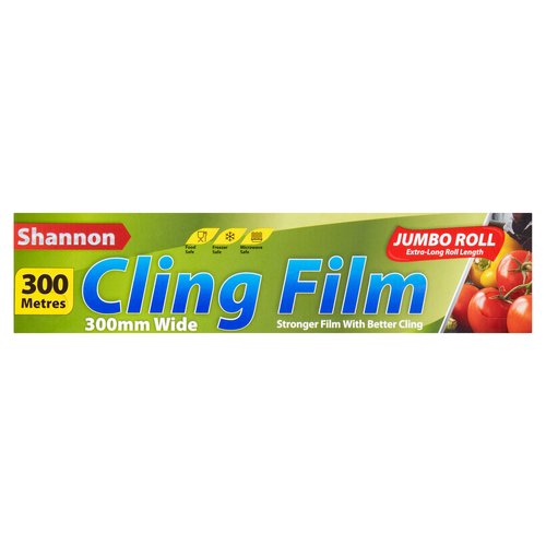 Shannon Multi-Purpose Cling Film<br/><br/><b>Features</b><br/>Extra-long roll length<br/>Stronger film with better cling<br/>Food, freezer and microwave safe<br/>Seals in food flavours<br/>Prevents odours and odour cross-contamination<br/><br/><b>Recycling Info</b><br/>Box - Recyclable<br/><br/><b>Safety Warning</b><br/>Important<br/>
Caution: Sharp Cutting Edge.<br/>
Ovens: Not suitable for use in conventional or combination ovens, microwave browning units, oven tops, or toaster ovens.<br/>
Children: To avoid danger of suffocation, keep this product out of reach of babies and small children.<br/><br/><b>Storage Type</b><br/>Ambient<br/><br/><b>Storage</b><br/>Store cling film in a cool, dry place.<br/><br/><b>Preparation and Usage</b><br/>Direction for Use<br/>
Do Not Use Fingers<br/>
Cutting Edge: Lift roll from carton box to find plastic cutting edge inside paper core.<br/>
Flap: Lift flap and feed start of roll through the slot, pull film to required length and tear against the cutting edge.<br/>
General Use: Suitable for contact with all foodstuffs except pure fats and oils or foods preserved in oil.<br/><br/><b>Company Name</b><br/>Ballybrit Industrial Estate<br/><br/><b>Company Address</b><br/>Galway,<br/>
Ireland,<br/>
H91 E0EN.<br/><br/><b>Telephone Helpline</b><br/>091 771588<br/><br/><b>Web Address</b><br/>www.westernplastics.ie<br/><br/><b>Return To</b><br/>Ballybrit Industrial Estate,<br/>
Galway,<br/>
Ireland,<br/>
H91 E0EN.<br/>
Tel: 091 771588<br/>
Fax: 091 752877<br/>
Email: sales@westernplastics.ie<br/>
Web: www.westernplastics.ie<br/><br/>