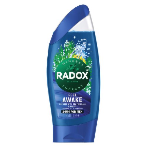 <b>Features</b><br/>Refreshing RADOX Mineral Therapy Feel Awake 2-in-1 Shower Gel & Shampoo for men provides an awakening shower experience that revives your senses<br/>Our shower gel & shampoo is made with a unique blend of herbs and minerals which activates with hot water to cleanse and revive you<br/>Feel the fresh energising sea breeze rouse you from the state of sleep with RADOX Feel Awake shower gel, infused with revitalising scents of fennel and sea minerals<br/>Our replenishing shower gel is suitable for daily use, simply squeeze it out, lather on hair and body and indulge in a reviving shower experience<br/>Our body wash & shampoo for men is pH neutral and suitable for all skin types<br/>RADOX shower gel rinses off easily leaving your skin feeling fresh and clean<br/><br/><b>Pack Size</b><br/>250millilitre ℮<br/><br/><br/><b>Ingredients</b><br/>Aqua, Sodium Laureth Sulfate, Cocamidopropyl Betaine, Sodium Chloride, Parfum, Glycerin, Sodium Benzoate, Citric Acid, Sodium Lactate, Tetrasodium EDTA, Maris Sal, Calcium Chloride, Magnesium Sulfate, Foeniculum Vulgare Seed Extract, Benzyl Salicylate, Citronellol, Coumarin, Limonene, Linalool, CI 19140, CI 17200, CI 42090<br/><br/><b>Safety Warning</b><br/>Shower Gel & Body and Face Wash & Body Scrubs Avoid contact with eyes. If contact occurs, rinse thoroughly with water..<br/><br/><b>Storage Type</b><br/>Ambient<br/><br/><b>Storage</b><br/>not applicable<br/><br/><b>Preparation and Usage</b><br/>not applicable<br/><br/>Country of Origin - United Kingdom<br/><br/><b>Origin</b><br/>United Kingdom<br/><br/>