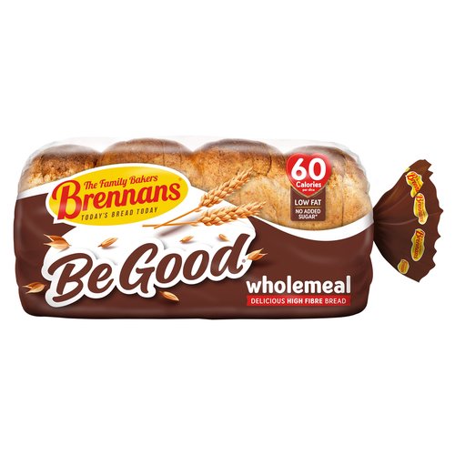 Wholemeal Delicious High Fibre Bread<br/><br/><b>Nutritional Claims</b><br/>High fibre<br/>Low fat<br/>No added sugar<br/><br/><b>Features</b><br/>60 calories per slice<br/>High fibre<br/>Low fat<br/>Quality certified<br/>Suitable for vegetarians<br/><br/><b>Lifestyle</b><br/>Low Fat<br/>No Added Sugar<br/>Suitable for Vegetarians<br/><br/><b>Pack Size</b><br/>600g ℮<br/><br/><br/><b>Ingredients</b><br/>Wholemeal <span style='font-weight: bold;'>Wheat</span> Flour (57%)<br/>Water<br/>Yeast<br/>Salt<br/>Vegetable Oil (Rapeseed)<br/><span style='font-weight: bold;'>Soya</span> Flour<br/>Emulsifiers: (E472e, E481)<br/>Flour Treatment Agent: Ascorbic Acid (Vitamin C)<br/>Vegetable Fat (Palm)<br/><br/><b>Allergy Advice</b><br/>For allergens, including Cereals containing Gluten, see ingredients in <span style='font-weight: bold;'>bold</span><br/><br/><br/><b>Safety Warning</b><br/>Safety First: To avoid any danger of suffocation, keep this wrapper away from children.<br/><br/><b>Storage Type</b><br/>Ambient<br/><br/><b>Storage and Usage Statements</b><br/>Suitable for Home Freezing<br/><br/><b>Storage</b><br/>Store in a cool, dry place. Under warm conditions storage life may be reduced.<br/>
Suitable for home freezing. Freeze on day of purchase, consume within one month.<br/>
Defrost thoroughly before use.<br/>
For Best Before date see bag closure<br/><br/><b>Company Name</b><br/>Joseph Brennan Bakeries<br/><br/><b>Company Address</b><br/>Walkinstown,<br/>
Dublin 12.<br/><br/><b>Telephone Helpline</b><br/>ROI: +353 1 460 8400<br/>NI: 0845 602 7460<br/><br/><b>Web Address</b><br/>www.BrennansBread.ie<br/><br/><b>Return To</b><br/>Joseph Brennan Bakeries,<br/>
Walkinstown,<br/>
Dublin 12.<br/>
ROI: +353 1 460 8400<br/>
NI: Lo-Call 0845 602 7460<br/>
www.BrennansBread.ie<br/>