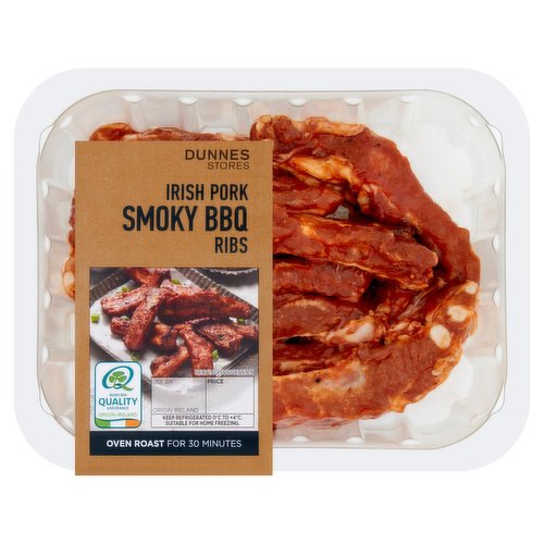 Irish Pork Ribs in a Smoky Barbecue Marinade<br/><br/><b>Features</b><br/>Hand prepared by our butchers<br/>Oven Roast for 30 Minutes<br/><br/><b>Pack Size</b><br/>500g ℮<br/><br/><br/><b>Ingredients</b><br/>Irish Pork Ribs (94%)<br/>Barbecue Marinade (6%) [Sugar, Salt, Tomato Powder, Maize Starch, Yeast Extract, Modified Maize Starch, Spices (Black Pepper, Pimento, Paprika, Red Chilli Pepper), Onion Powder, Garlic Powder, Stabiliser: Guar Gum; Malt Cereal Extract (<span style='font-weight: bold;'>Barley</span>), Smoke Flavouring, Colour: Paprika Extract; Natural Flavouring]<br/><br/><b>Allergy Advice</b><br/>For allergens, including Cereals containing Gluten, see ingredients in <span style='font-weight: bold;'>bold</span>.<br/><br/><br/><b>Safety Warning</b><br/>CAUTION: This product is raw and must be cooked. This product contains bone.<br/><br/><b>Storage Type</b><br/>Chilled<br/><br/><b>Storage and Usage Statements</b><br/>Suitable for Home Freezing<br/>Keep Refrigerated<br/><br/><b>Storage</b><br/>Keep Refrigerated 0°C to +4°C. Consume within 24 hours of opening and by 'use by' date. For 'use by' date, see top of pack. Suitable for home freezing. If freezing, freeze on the day of purchase and consume within 1 month. Defrost thoroughly in refrigerator before cooking and use within 24 hours. Once thawed do not refreeze.<br/><br/><b>Storage Conditions</b><br/>Min Temp °C 0<br/>Max Temp °C 4<br/><br/><b>Cooking Guidelines</b><br/>Cooking Instructions - General - Cooking times will vary with appliances, the following are guidelines only. Remove all packaging.<br/>
190°C, Fan 170°C, Gas 5, 25-30 mins.<br/>
Preheat oven. Place the ribs on a foil lined baking tray. Cover with foil, place on the middle shelf of the oven and cook for time indicated. Remove the foil for the last 5 minutes of cooking to brown the ribs.<br/>
Ensure Product is Piping Hot Throughout. Do Not Reheat.<br/><br/><b>Preparation and Usage</b><br/>Serving Suggestion: Finish on the BBQ for a delicious charred flavour.<br/><br/><b>Origin</b><br/>Produced and Packed in Co. Dublin<br/><br/><b>Company Name</b><br/>Dunnes Stores / Dunnes Stores (Bangor) Ltd.<br/><br/><b>Company Address</b><br/>Dunnes Stores,<br/>
46-50 South Great George's Street,<br/>
Dublin 2.<br/>
<br/>
Dunnes Stores (Bangor) Ltd.,<br/>
28 Hill Street,<br/>
Newry,<br/>
Co. Down,<br/>
BT34 1AR.<br/><br/><b>Return To</b><br/>Dunnes Stores,<br/>
46-50 South Great George's Street,<br/>
Dublin 2.<br/>
<br/>
Dunnes Stores (Bangor) Ltd.,<br/>
28 Hill Street,<br/>
Newry,<br/>
Co. Down,<br/>
BT34 1AR.<br/>