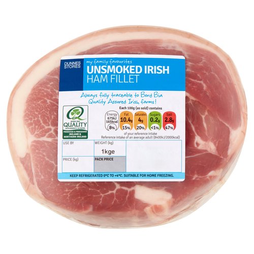 Unsmoked Irish Ham Fillet<br/><br/><b>Features</b><br/>Always fully traceable to Bord BIA quality assured Irish farms!<br/><br/><b>Pack Size</b><br/>1kg ℮<br/><br/><br/><b>Ingredients</b><br/>Irish Pork (87%)<br/>Water<br/>Salt<br/>Dextrose<br/>Stabilisers: Triphosphates, Polyphosphates<br/>Preservative: Sodium Nitrite<br/><br/><b>Storage Type</b><br/>Chilled<br/><br/><b>Storage and Usage Statements</b><br/>Suitable for Home Freezing<br/>Cannot be Microwaved<br/>Keep Refrigerated<br/><br/><b>Storage</b><br/>Keep refrigerated 0°C to +4°C.<br/>
Consume within 48 hours of opening and by 'use by' date.<br/>
Suitable for home freezing.<br/>
If freezing, freeze on the day of purchase and consume within 1 month.<br/>
Defrost thoroughly in a refrigerator before cooking and use within 24 hours.<br/>
Once thawed do not refreeze.<br/><br/><b>Storage Conditions</b><br/>Min Temp °C 0<br/>Max Temp °C 4<br/><br/><b>Cooking Guidelines</b><br/>Cooking Instructions - General - Raw meat products may contain bacteria that could potentially cause illness if mishandled or cooked incorrectly. Cooking times will vary with appliances, the following are guidelines only. Keep raw and cooked products separate. Not suitable for microwave cooking. Not suitable for cooking from frozen. Remove all outer packaging but leave the casing on.<br/>
Allow the joint to rest for 10 minutes. Remove casing prior to carving. Always check the product is piping hot throughout before serving. Do not reheat once cooked.<br/>Hob - From Chilled - Medium Heat 30 mins. per 500g<br/>
Place in a saucepan and add enough water to cover the joint completely and bring to the boil.<br/>
Simmer for time indicated.<br/>
Drain and serve.<br/>Oven cook - From Chilled - 190°C/375°F/Gas Mark 5<br/>
30 mins. per 500g plus 30 mins. extra<br/>
Preheat oven to required temperature shown above.<br/>
Place joint in an oven proof dish, cover with cooking foil and put on middle shelf of a preheated oven and cook for time indicated.<br/>
Remove the foil for last 30 minutes of cooking.<br/><br/><b>Origin</b><br/>Produced and Packed in Co. Tyrone, Northern Ireland<br/><br/><b>Company Name</b><br/>Dunnes Stores / Dunnes Stores (Bangor) Ltd.<br/><br/><b>Company Address</b><br/>Dunnes Stores,<br/>
46-50 South Great George's Street,<br/>
Dublin 2.<br/>
<br/>
Dunnes Stores (Bangor) Ltd.,<br/>
28 Hill Street,<br/>
Newry,<br/>
Co. Down,<br/>
BT34 1AR.<br/><br/><b>Return To</b><br/>Dunnes Stores,<br/>
46-50 South Great George's Street,<br/>
Dublin 2.<br/>
<br/>
Dunnes Stores (Bangor) Ltd.,<br/>
28 Hill Street,<br/>
Newry,<br/>
Co. Down,<br/>
BT34 1AR.<br/>