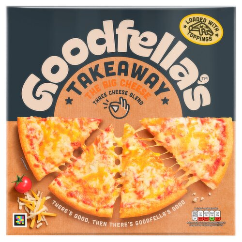 A Stonebaked Pizza Base Topped with Tomato Sauce, Mozzarella Cheese, Red Cheddar Cheese & White Cheddar Cheese.<br/><br/><b>Further Description</b><br/>For a sustainable tomorrow<br/>
Making a difference with responsibly sourced and prepared food every day<br/>
GOODFELLASPIZZAS.COM/OUR-SUSTAINABLE-PATH<br/><br/><b>Features</b><br/>Made with Respect<br/>Loaded with tasty toppings<br/>Suitable for Vegetarians<br/><br/><b>Lifestyle</b><br/>Suitable for Vegetarians<br/><br/><b>Pack Size</b><br/>555g ℮<br/><br/><b>Recycling Info</b><br/>Box - Recycle<br/><br/><br/><b>Ingredients</b><br/><span style='font-weight: bold;'>WHEAT</span> Flour<br/>Cheese Blend (28%) (Mozzarella Cheese (<span style='font-weight: bold;'>MILK</span>), Red Cheddar Cheese (<span style='font-weight: bold;'>MILK</span>) (contains Colour: Beta Carotene), White Cheddar Cheese (<span style='font-weight: bold;'>MILK</span>), in varying proportions)<br/>Water<br/>Tomato Purée<br/>Yeast<br/>Chicory Root Fibre<br/>Palm Oil<br/>Salt<br/>Cornflour<br/>Garlic Oil (Rapeseed Oil, Garlic Purée, Palm Oil, Salt, Parsley)<br/>Paprika<br/>Natural Flavouring<br/>Yeast Extract<br/>Rapeseed Oil<br/>Onion Powder<br/>Cayenne Pepper<br/>White Pepper<br/>Garlic Powder<br/>Black Pepper<br/>Ginger<br/>Oregano<br/>Paprika Extract<br/>Black Pepper Extract<br/>Basil<br/><br/><b>Allergy Advice</b><br/>For allergens see ingredients in <span style='font-weight: bold;'>CAPITAL LETTERS</span>.<br/><br/><br/><b>Storage Type</b><br/>Frozen<br/><br/><b>Storage and Usage Statements</b><br/>Keep Frozen<br/><br/><b>Storage</b><br/>Store frozen at -18°C or cooler. Do not refreeze after defrosting.<br/>
See top of pack for best before end date.<br/><br/><b>Storage Conditions</b><br/>Max Temp °C -18<br/><br/><b>Cooking Guidelines</b><br/>Oven cook - From Frozen - 1 For best results, cook from frozen. Pre-heat conventional oven to 200°C/ gas mark 6, or 180°C for fan oven. Appliances vary, these instructions are a guide only.<br/>
2 Remove all of the packaging. Spread out all of the toppings for maximum deliciousness.<br/>
3 Cook directly on top oven shelf (no baking tray needed), bake until golden for 16-18 minutes. Please ensure pizza is cooked until piping hot but allow pizza to cool slightly before eating, toppings can be very hot!<br/><br/><b>Company Name</b><br/>Birds Eye Ltd. / Birds Eye Ireland Ltd.<br/><br/><b>Company Address</b><br/>Birds Eye Ltd.,<br/>
Freepost ADM3939,<br/>
London,<br/>
SW1A 1YS.<br/>
<br/>
Birds Eye Ireland Ltd.,<br/>
Monread Road,<br/>
Naas,<br/>
Co. Kildare,<br/>
W91 HE67,<br/>
Ireland.<br/><br/><b>Telephone Helpline</b><br/>UK: 0800 33 22 77<br/>ROI: 1800 817 358<br/><br/><b>Web Address</b><br/>www.Goodfellaspizzas.com<br/><br/><b>Return To</b><br/>We really want to know if you enjoyed your pizza.<br/>
Write, email, call or find us on social, we'd love to hear from you:<br/>
Birds Eye Ltd.,<br/>
Freepost ADM3939,<br/>
London,<br/>
SW1A 1YS.<br/>
<br/>
Birds Eye Ireland Ltd.,<br/>
Monread Road,<br/>
Naas,<br/>
Co. Kildare,<br/>
W91 HE67,<br/>
Ireland.<br/>
Customer Care Number:<br/>
UK: 0800 33 22 77<br/>
ROI: Callsave 1800 817 358<br/>
customerrelations@birdseye.co.uk<br/>
www.Goodfellaspizzas.com<br/>