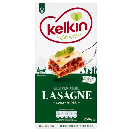 Gluten Free Lasagne<br/><br/><b>Further Description</b><br/>Find us on Facebook<br/><br/><b>Features</b><br/>Made with corn & rice flour<br/>Layer up on taste<br/>Gluten free<br/>Suitable for vegetarians<br/><br/><b>Lifestyle</b><br/>Suitable for Vegetarians<br/><br/><b>Pack Size</b><br/>250g ℮<br/><br/><b>Usage Other Text</b><br/>This pack contains 3 servings (approx: 75g as sold)<br/><br/><b>Usage Count</b><br/>Number of uses - Servings - 3<br/><br/><b>Recycling Info</b><br/>Box - Recyclable<br/><br/><br/><b>Ingredients</b><br/>Corn Flour (55%)<br/>Rice Flour (45%)<br/><br/><b>Allergy Text</b><br/>Produced in a facility that handles Soya<br/><br/><br/><b>Storage Type</b><br/>Ambient<br/><br/><b>Storage</b><br/>Store in a cool, dry place. Once opened store in an airtight container.<br/><br/>Country of Origin - Italy<br/><br/><b>Origin</b><br/>Made in Italy<br/><br/><b>Company Name</b><br/>Valeo Foods<br/><br/><b>Company Address</b><br/>Merrywell Industrial Estate,<br/>
Ballymount,<br/>
Dublin 12,<br/>
Ireland.<br/><br/><b>Telephone Helpline</b><br/>Ireland: 1800 855 706<br/>UK: 0800 085 5385<br/><br/><b>Web Address</b><br/>www.kelkin.ie<br/>www.kelkin.com<br/><br/><b>Return To</b><br/>If You Wish to Get in Touch:<br/>
Valeo Foods,<br/>
Merrywell Industrial Estate,<br/>
Ballymount,<br/>
Dublin 12,<br/>
Ireland.<br/>
Ireland:<br/>
1800 855 706<br/>
www.kelkin.ie<br/>
UK:<br/>
0800 085 5385<br/>
www.kelkin.com<br/>