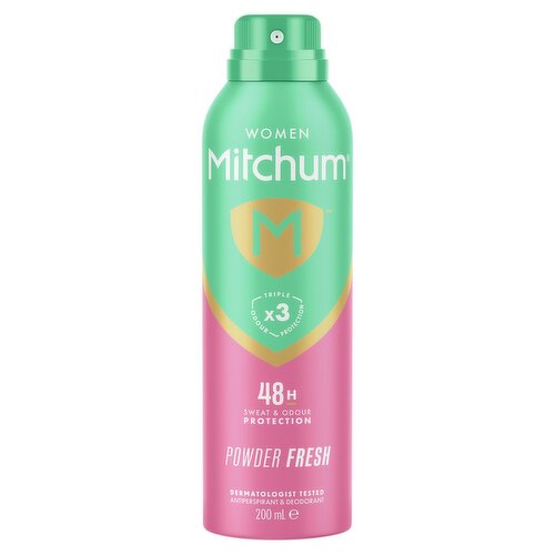 <b>Features</b><br/>Mitchum Triple Odor Defense technology<br/>Provides a shield against odour from heat, motion and stress<br/>Expertly formulated for ultra-powerful 48 hour sweat + odor control<br/>Goes on invisible, leaving no white residue on skin<br/>Dermatologist tested<br/>Alcohol free<br/><br/><b>Pack Size</b><br/>200mL ℮<br/><br/><br/><b>Ingredients</b><br/>Butane<br/>Isobutane<br/>Propane<br/>Cyclopentasiloxane<br/>Aluminum Chlorohydrate<br/>C12-15 Alkyl Benzoate<br/>Isopropyl Myristate<br/>Aloe Barbadensis Leaf Extract<br/>Disteardimonium Hectorite<br/>PEG-40 Hydrogenated Castor Oil<br/>Propylene Carbonate<br/>Silica<br/>Sodium Starch Octenylsuccinate<br/>Tocopheryl Acetate<br/>Parfum (Fragrance)<br/>Benzyl Salicylate<br/>Citronellol<br/>Coumarin<br/>Hexyl Cinnamal<br/>Hydroxycitronellal<br/>Limonene<br/>Linalool<br/><br/><b>Safety Warning</b><br/>DANGER: PRESSURISED CONTAINER: MAY BURST IF HEATED. PROTECT FROM SUNLIGHT. DO NOT EXPOSE TO TEMPERATURES EXCEEDING 50 °C/122 °F. DO NOT PIERCE OR BURN, EVEN AFTER USE. DO NOT SPRAY ON AN OPEN FLAME OR OTHER IGNITION SOURCE. KEEP AWAY FROM HEAT, HOT SURFACES, SPARKS, OPEN FLAMES AN OTHER IGNITION SOURCES. NO SMOKING. KEEP OUT OF REACH OF CHILDREN. FOR EXTERNAL USE ONLY. DO NOT APPLY TO IRRITATED OR DAMAGED SKIN. STOP USE IF RASH OR IRRITATION OCCURS. AVOID SPRAYING IN EYES. AVOID INHALATION. USE ONLY AS DIRECTED. INTENTIONAL MISUSE BY DELIBERATELY CONCENTRATING AND INHALING THE CONTENTS CAN BE HARMFUL OR FATAL. AVOID PROLONGED SPRAYING.<br/>
<br/>
SOLVENT ABUSE CAN KILL INSTANTLY<br/>
<br/>
EXTREMELY FLAMMABLE AEROSOL<br/><br/><b>Storage Type</b><br/>Ambient<br/><br/><b>Storage Conditions</b><br/>Max Temp °C 50<br/><br/><b>Preparation and Usage</b><br/>Directions: Always shake well before use. Hold 15 cm from underarm and spray.<br/><br/>Country of Origin - Spain<br/><br/><b>Origin</b><br/>Made in Spain<br/><br/><b>Company Name</b><br/>Revlon<br/><br/><b>Company Address</b><br/>NW1 7QX,<br/>
UK.<br/><br/><b>Trademark Information</b><br/>©2019 Revlon Cons. Prod. Corp., N.Y., NY 10004.<br/><br/><b>CLP Regulation</b><br/>Flame - Danger<br/><br/><b>Telephone Helpline</b><br/>0800 085 2716<br/><br/><b>Web Address</b><br/>www.Mitchum.co.uk<br/><br/><b>Return To</b><br/>Revlon,<br/>
NW1 7QX,<br/>
UK.<br/>
UK: Questions? Comments?<br/>
Freephone 0800 085 2716<br/>
www.Mitchum.co.uk<br/><br/>